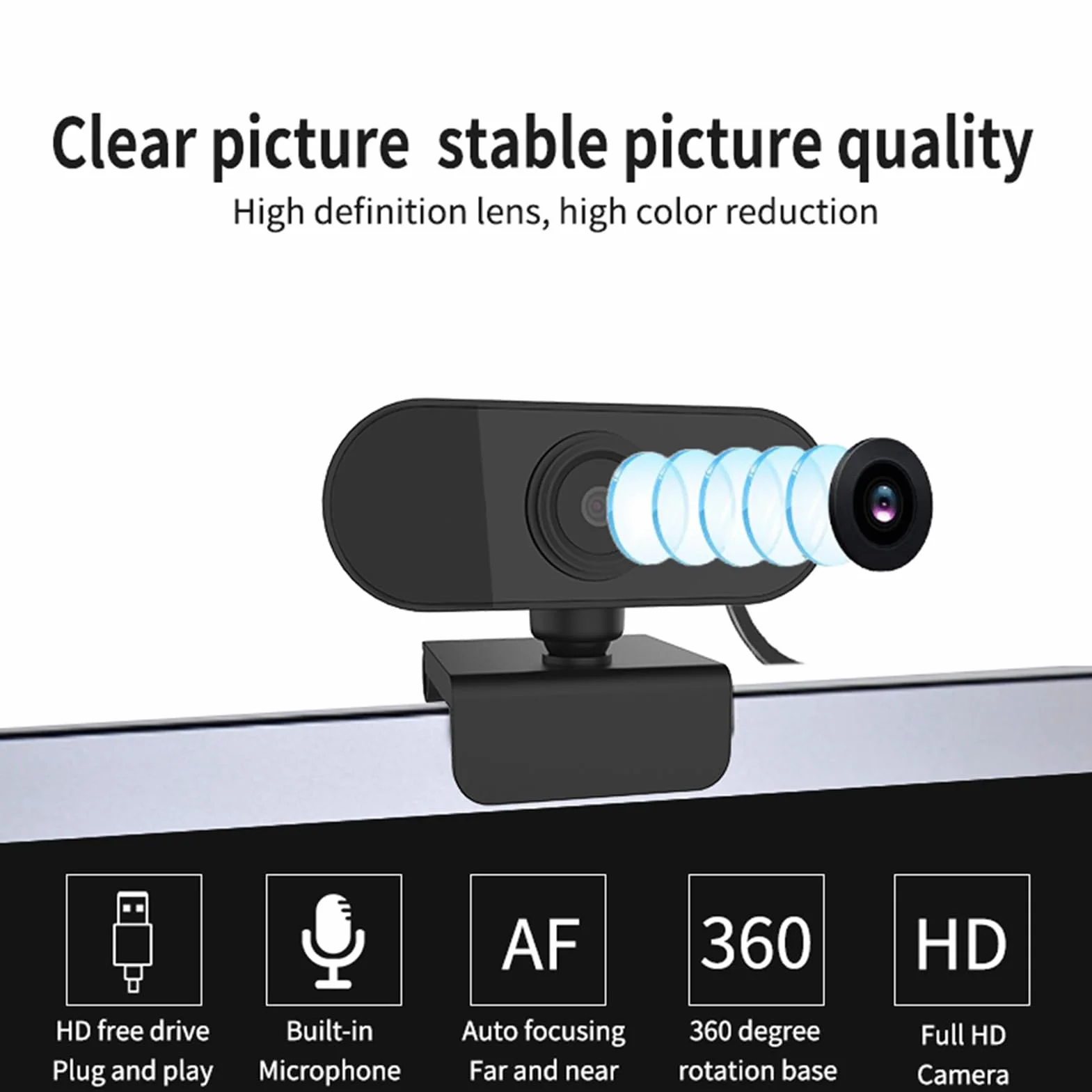 Akozon Full HD 1080P, kamera Circle do rozmów wideo i nagrywania USB, komputer PC, Mac, Laptop, Desktop, Plug & Play, 360° elastyczny obrotowy klips, 1080P z mikrofonem