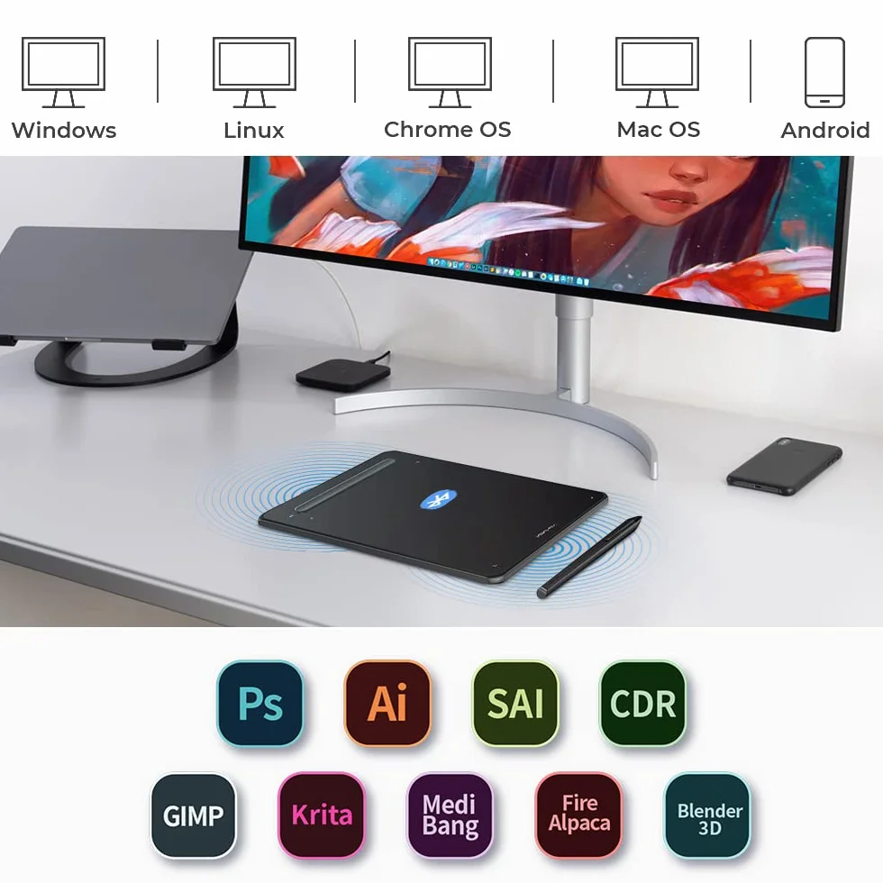 XP PEN Deco MW 8"x5" tablet graficzny Bluetooth z 8 przyciskami szybkiego rysowania, edycja zdjęć z rysikiem X3, idealny do domowego biura, e-learningu (czarny)