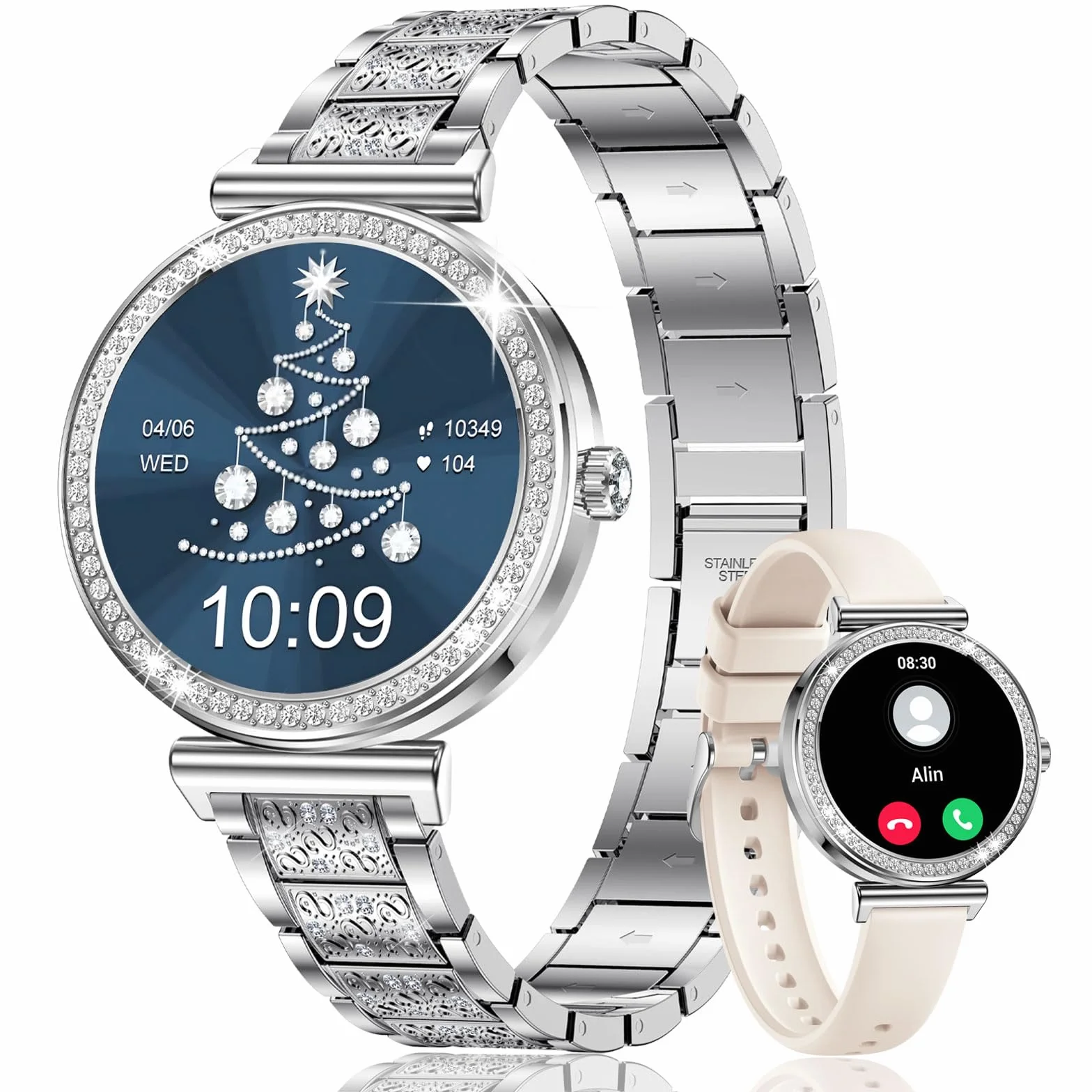 CIVO Smartwatch damski, funkcja telefonu, zegarek na rękę: sportowy tracker fitness, kompatybilny z systemem Android i iOS, pomiar ciśnienia krwi, pulsometr, zegarek fitness, srebrny, wodoszczelny