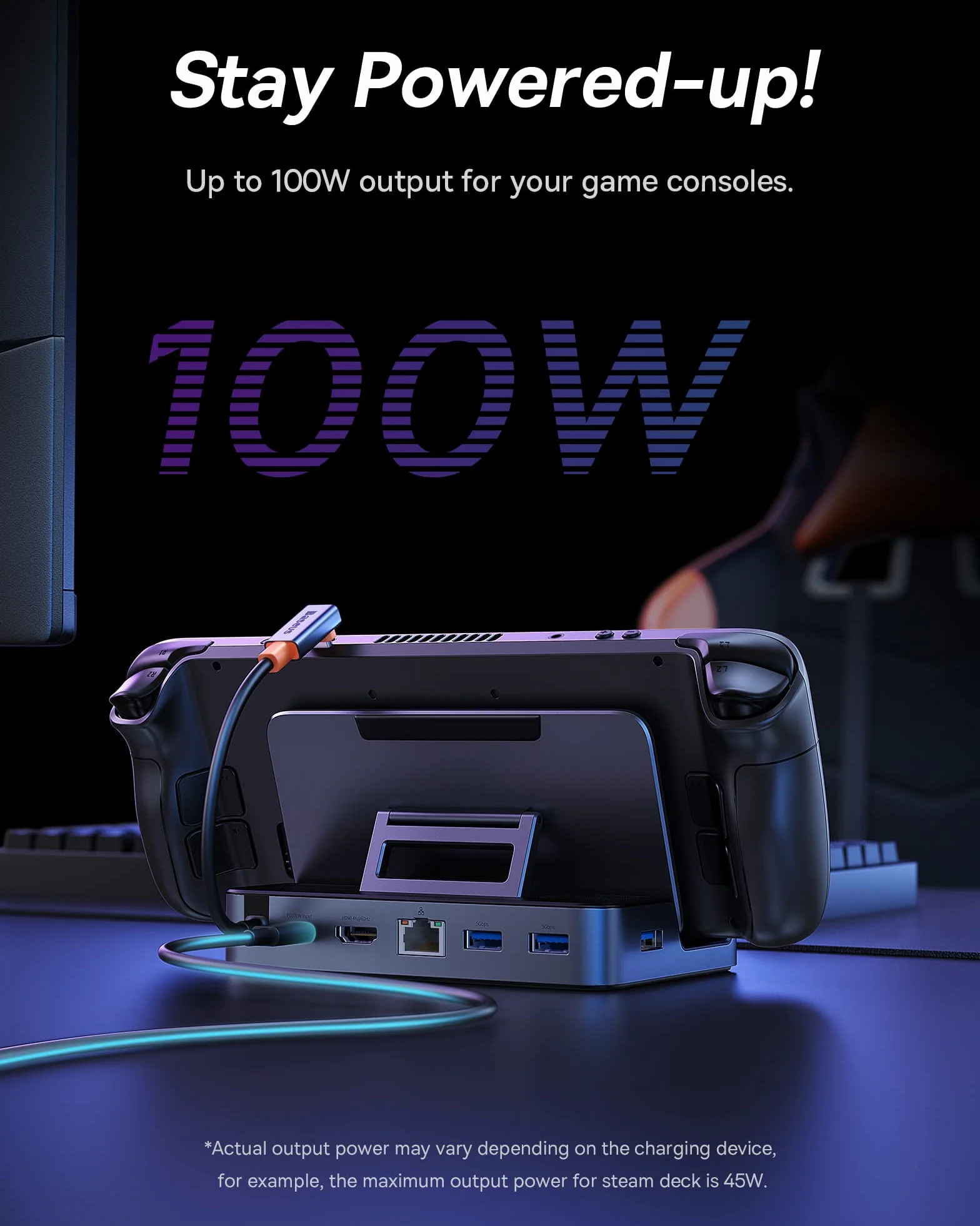 Baseus Stacja dokująca Steam, stacja dokująca 6 w 1 do pokładu Steam, USB C z HDMI 4K przy 60 Hz, 3 porty USB-A 3.0, regulowana konstrukcja stojaka i PD 100 W do szybkiego ładowania