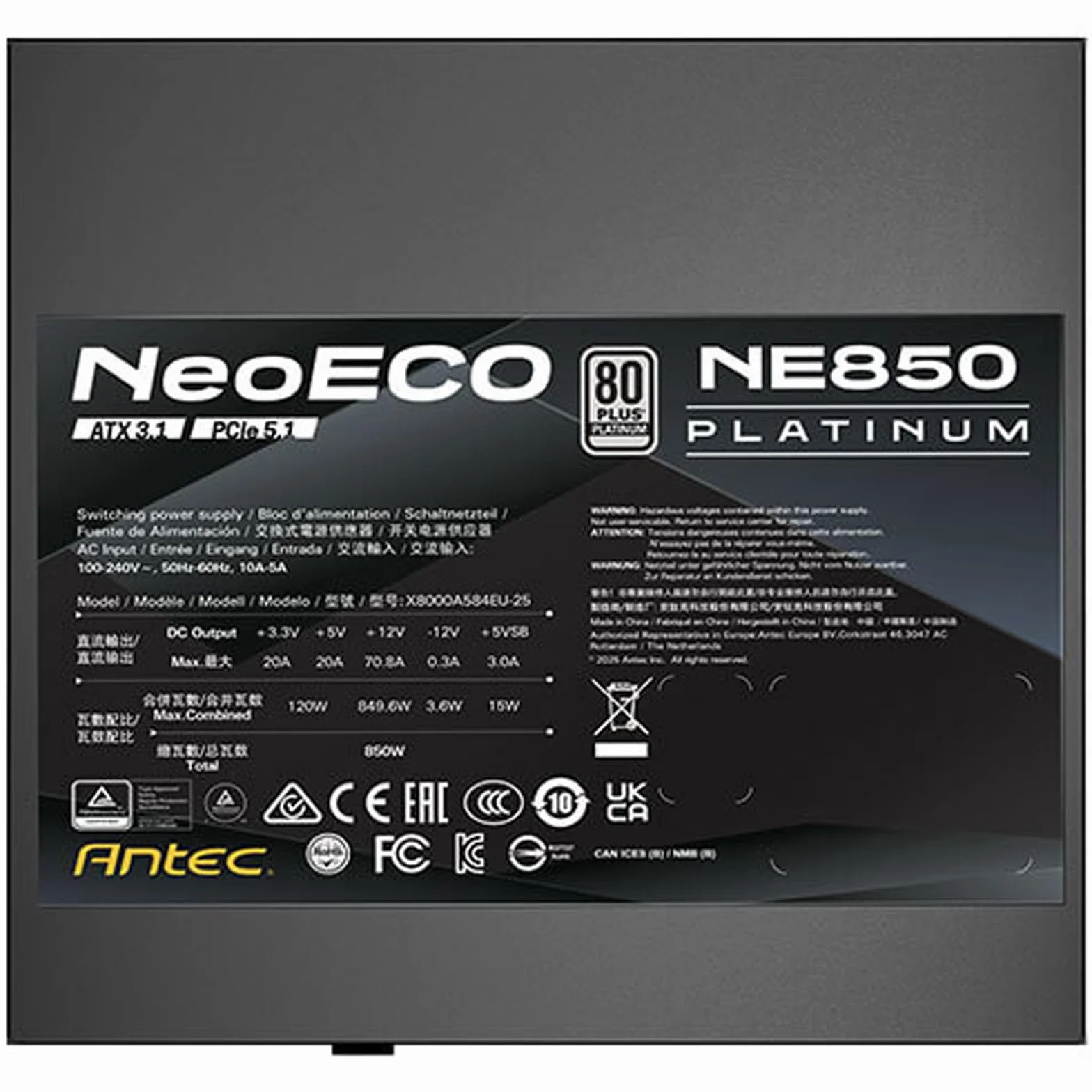 ANTEC NE850P EC PC-zasilacz 850 W, czarny | Obsługa ATX 3.1 i PCIe-5.1 z natywnym złączem 12 V-2x6