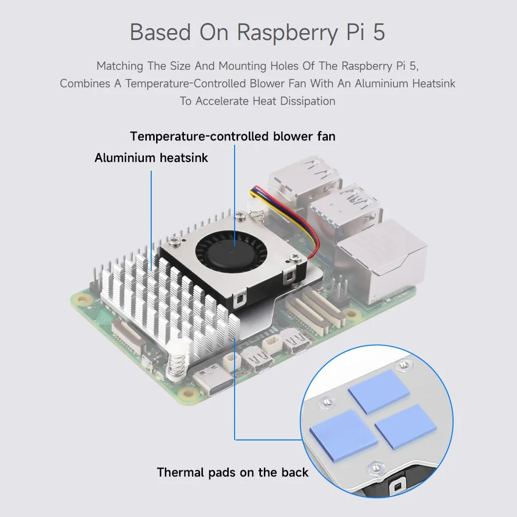 Waveshare Active Cooler (B), Compatible with Raspberry Pi 5, Active Cooling Fan, Aluminium Heatsink, with Thermal Pads