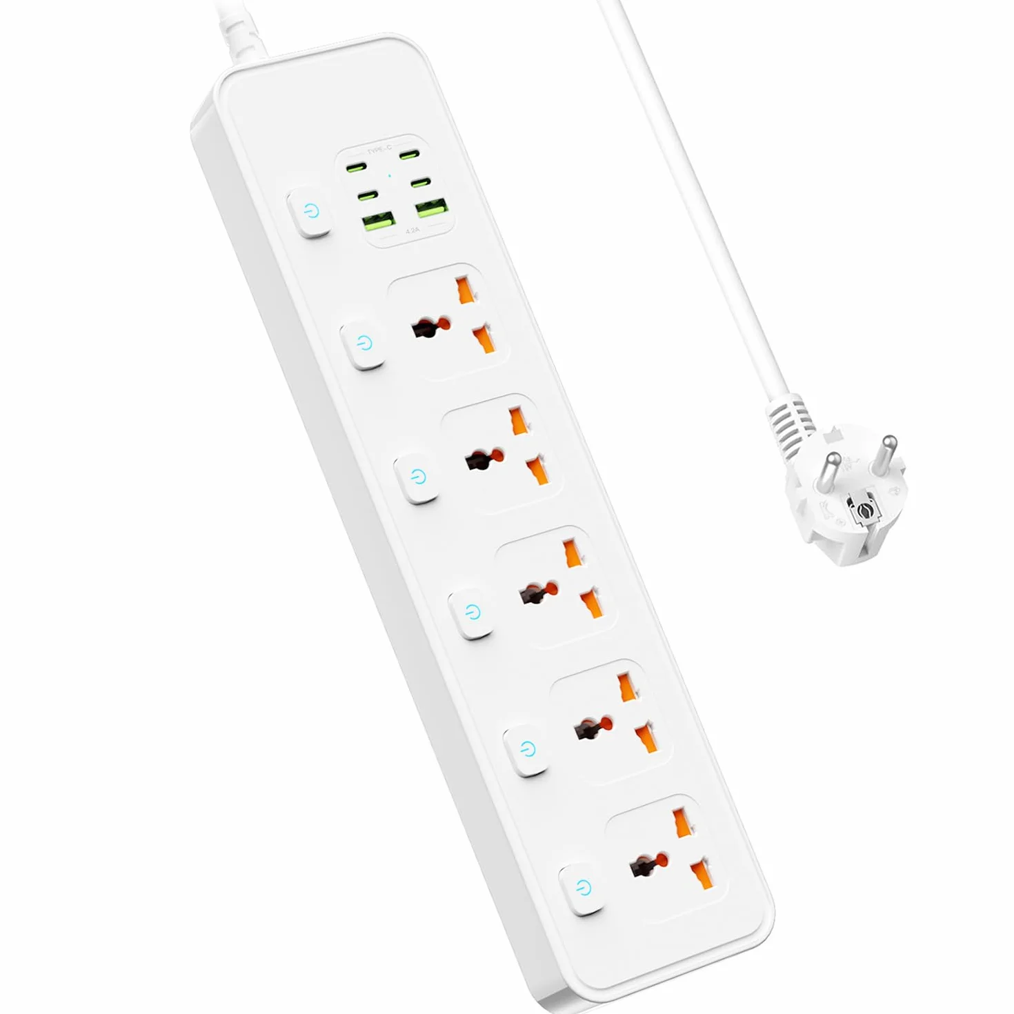 Listwa zasilająca uniwersalna z pojedynczym przełącznikiem, 5 uniwersalnych gniazd, maks. 3250 W, kabel sieciowy 1,8 m, 4 x 20 W USB-C i 2 x USB-A, listwa zasilająca z USB C, biała