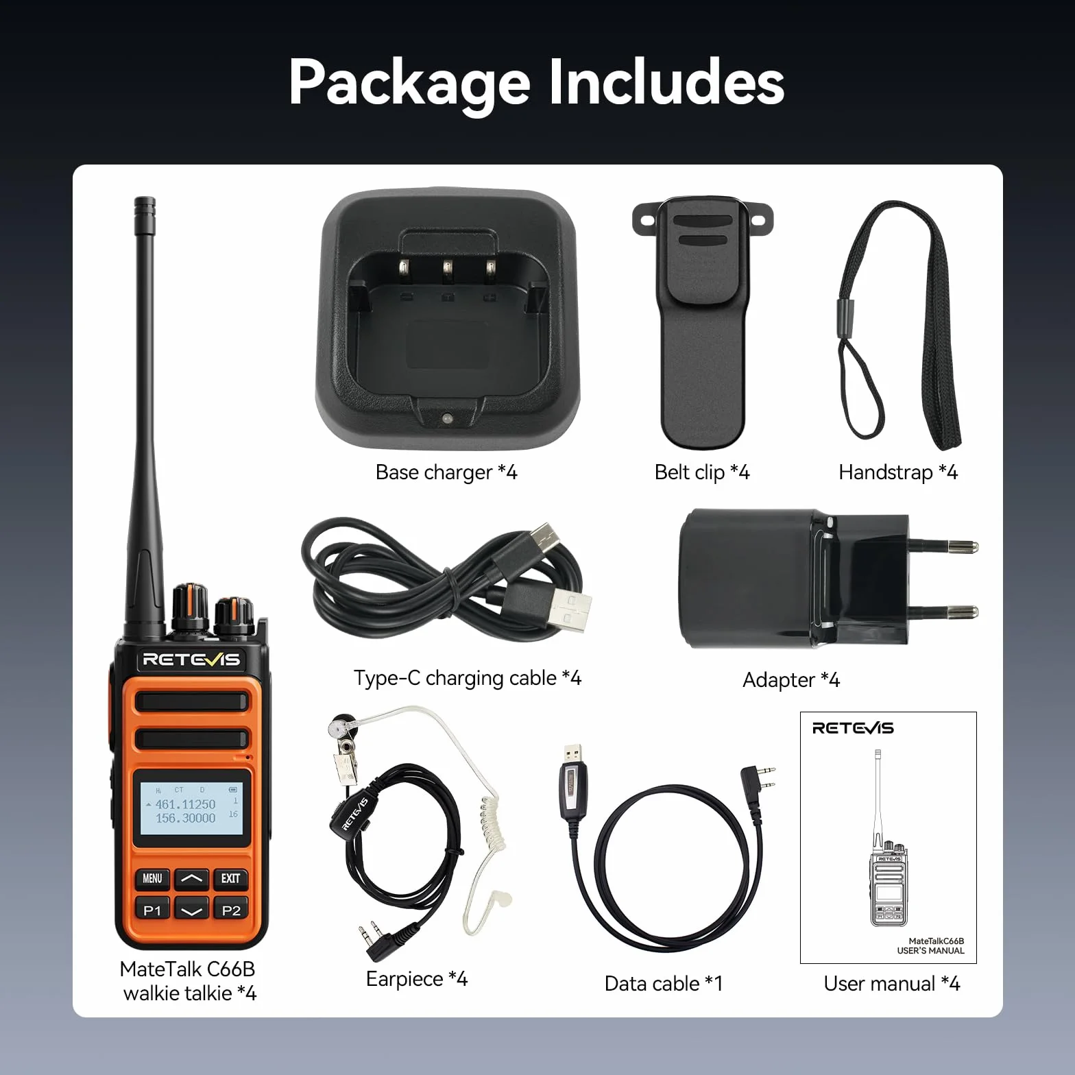 Retevis C66B Dual Band Ham Radio, szybkie ładowanie krótkofalówek o dużym zasięgu, redukcja szumów, alarm awaryjny, profesjonalne dwukierunkowe radia do restauracji, hoteli (pomarańczowe, 4 szt.)