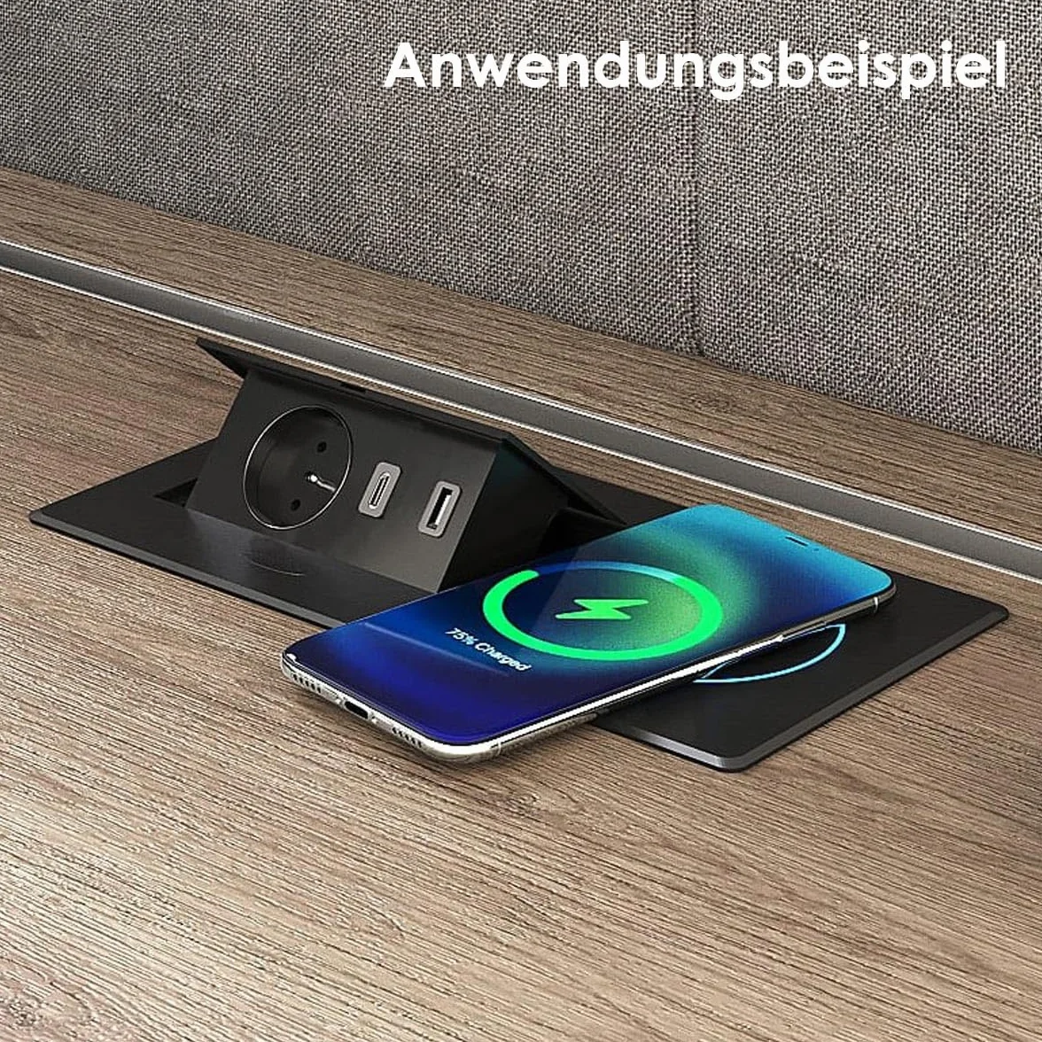 Stołowe gniazdko do zabudowy "ZEOBOX", 1-drożne, 2 x USB, ładowarka Qi, 1 x USB-A i 1 x USB-C, z kablem przyłączeniowym 1,5 m do 230 V