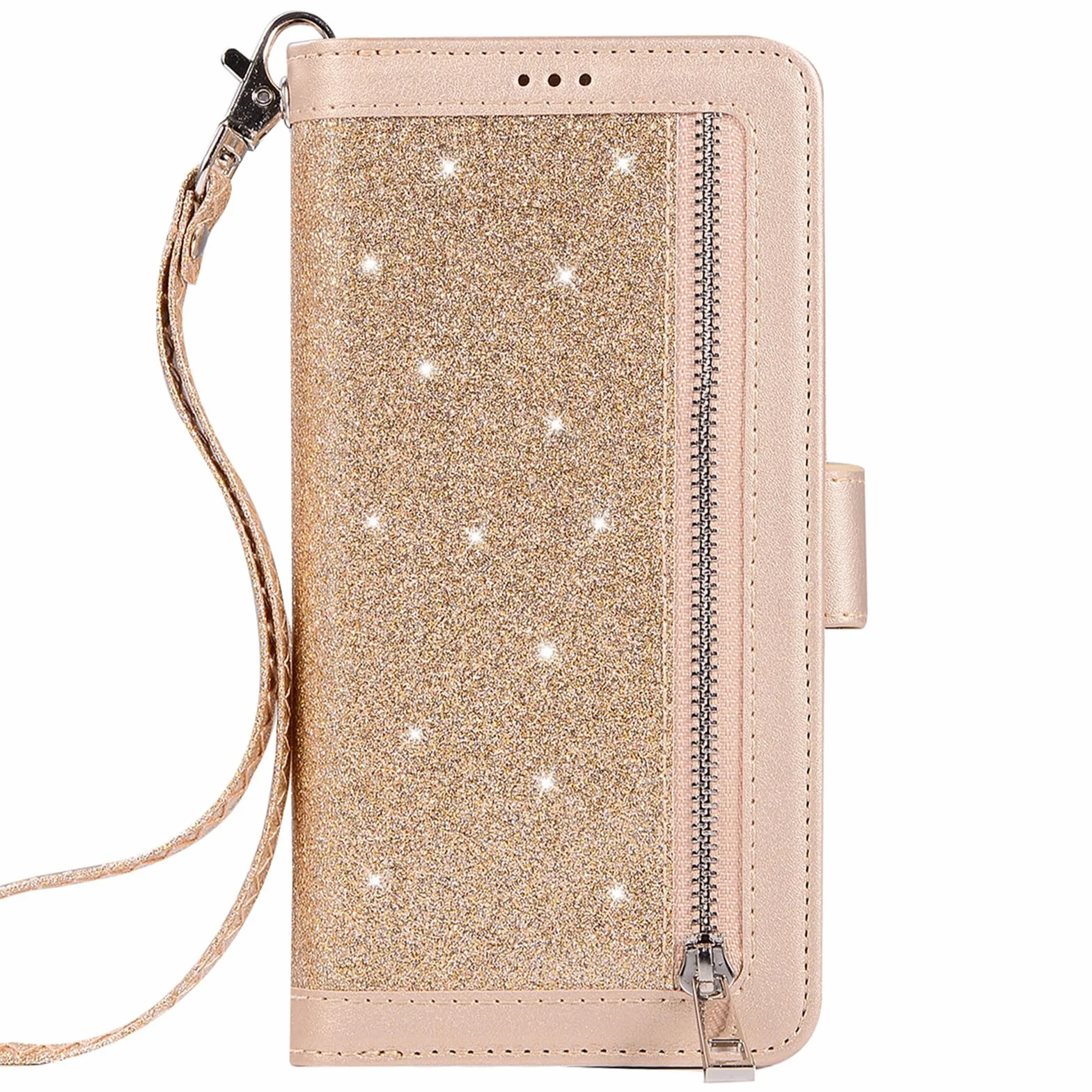 Błyszczące etui do iPhone 16 Pro Max / 16 Pro / 16 Plus/16, portmonetka na telefon komórkowy, klapka, skórzane etui z dużą przegródką na karty, złote, 16