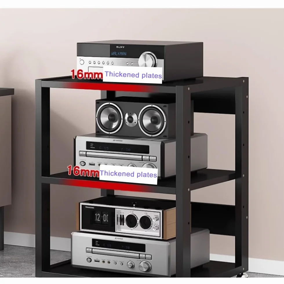 Stojak na komponenty audio, 3/4/5-poziomowy, wytrzymały, na media AV, wzmacniacz HiFi, wysokość 90 cm, stojak na amplituner stereo, gramofon (czarny, 3 poziomy, 50 x 40 x 48,5 cm)
