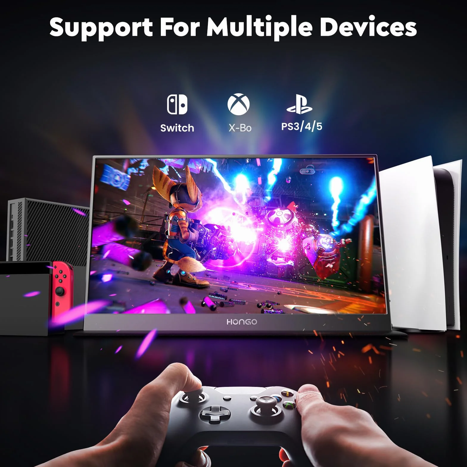 HONGO monitor przenośny do laptopa, ekran przenośny 15,6 cala 1920 x 1080 FHD, USB-C HDMI monitor do laptopa wbudowane głośniki z inteligentną obudową, ekran do laptopa PC Mac PS3/4/5/X-BO/Telefon
