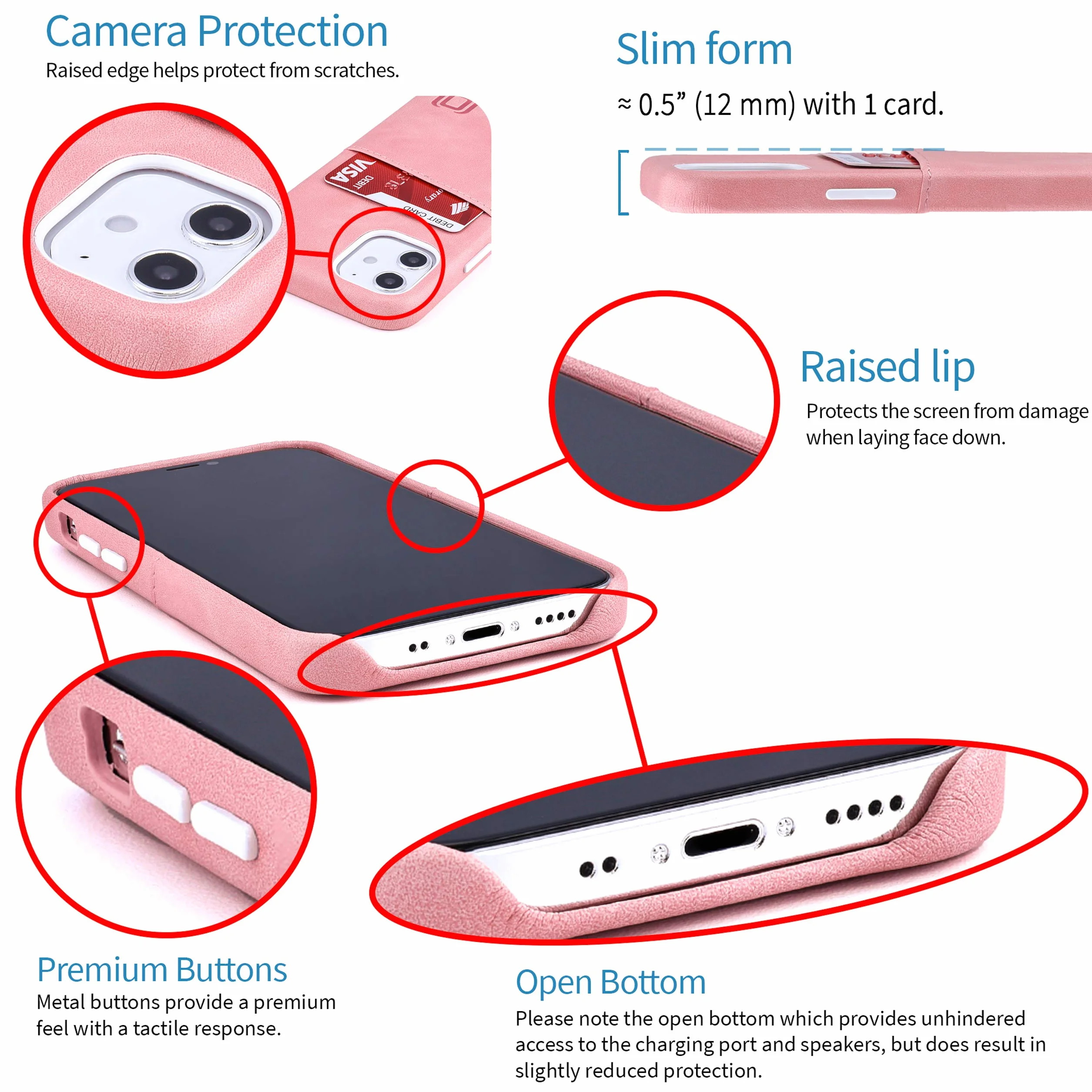 Dockem Etui portfelowe na iPhone 12 mini, wbudowana metalowa płytka magnetyczna, 1 uchwyt na kartę, 13.7 cm, gładka skóra syntetyczna różowy
