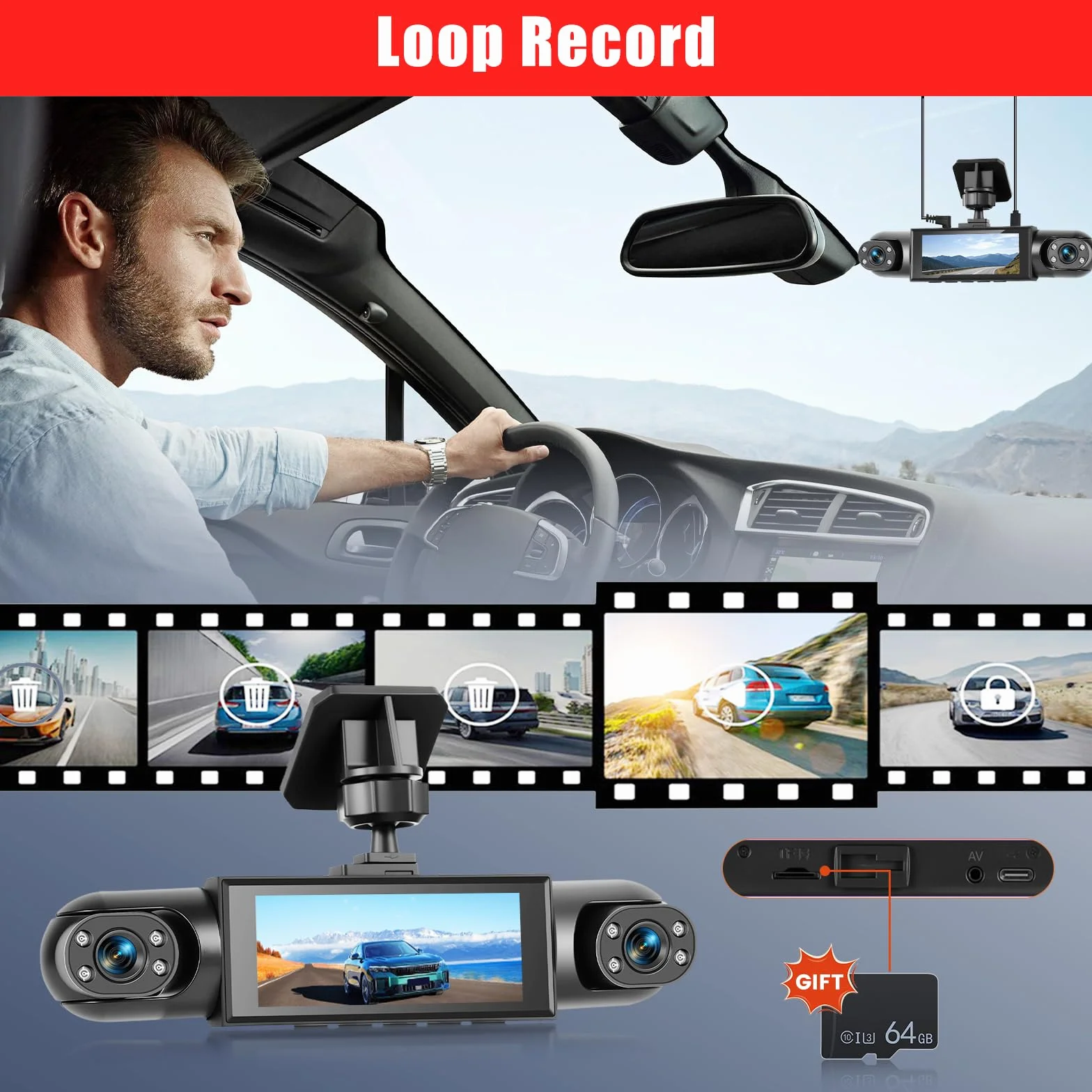 1080P Dash Cam 360 stopni 4 kanały, ekran 3,16 cala z 64 GB | Dashcam z kartą SD 64G, czujnik G, kamera cofania, tryb parkowania 24H, noktowizor, nagrywanie w pętli