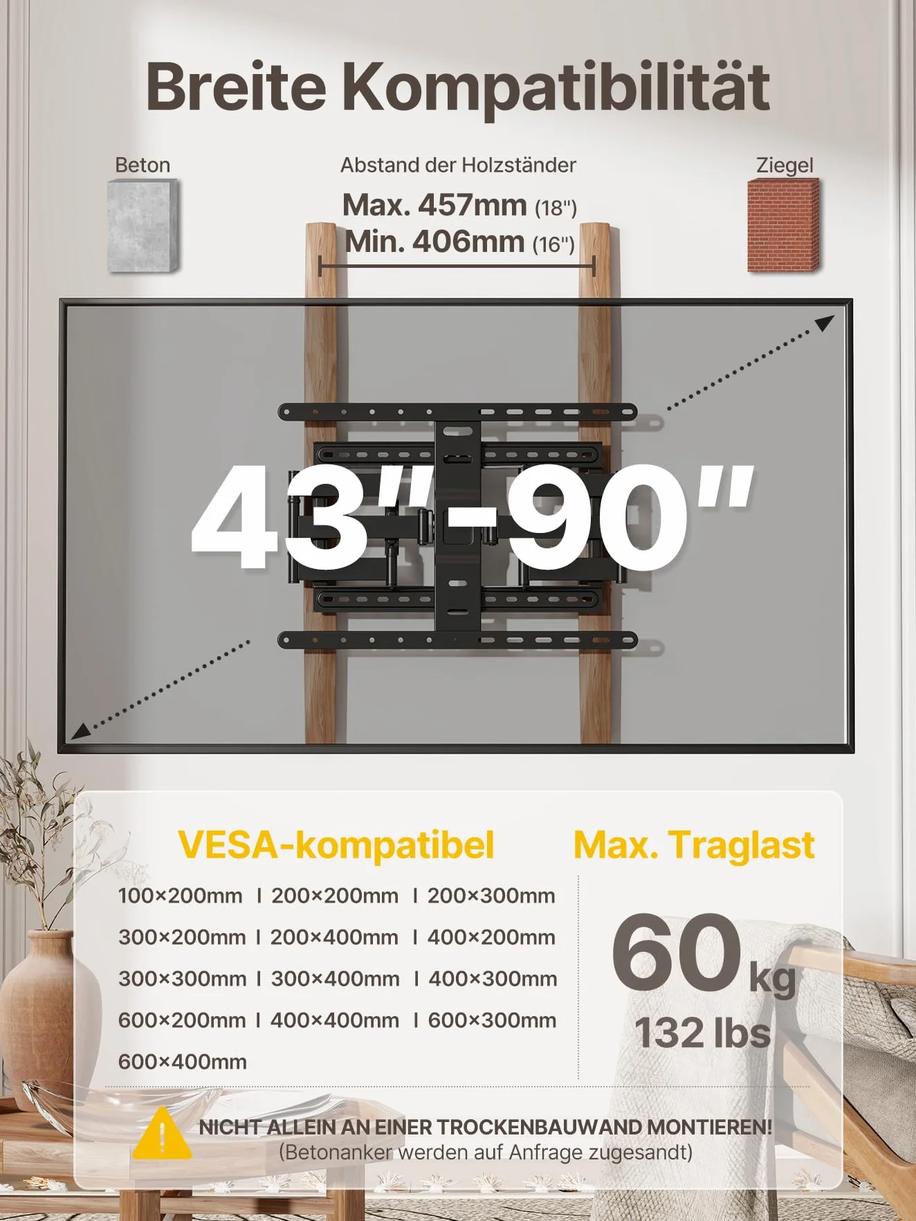 monTEK Ultra cienki uchwyt ścienny do większości telewizorów 43-90 cali, cienki uchwyt na telewizor 1,1", podwójny wychylny, maks. VESA 600 x 400 mm, do ~ 60 kg