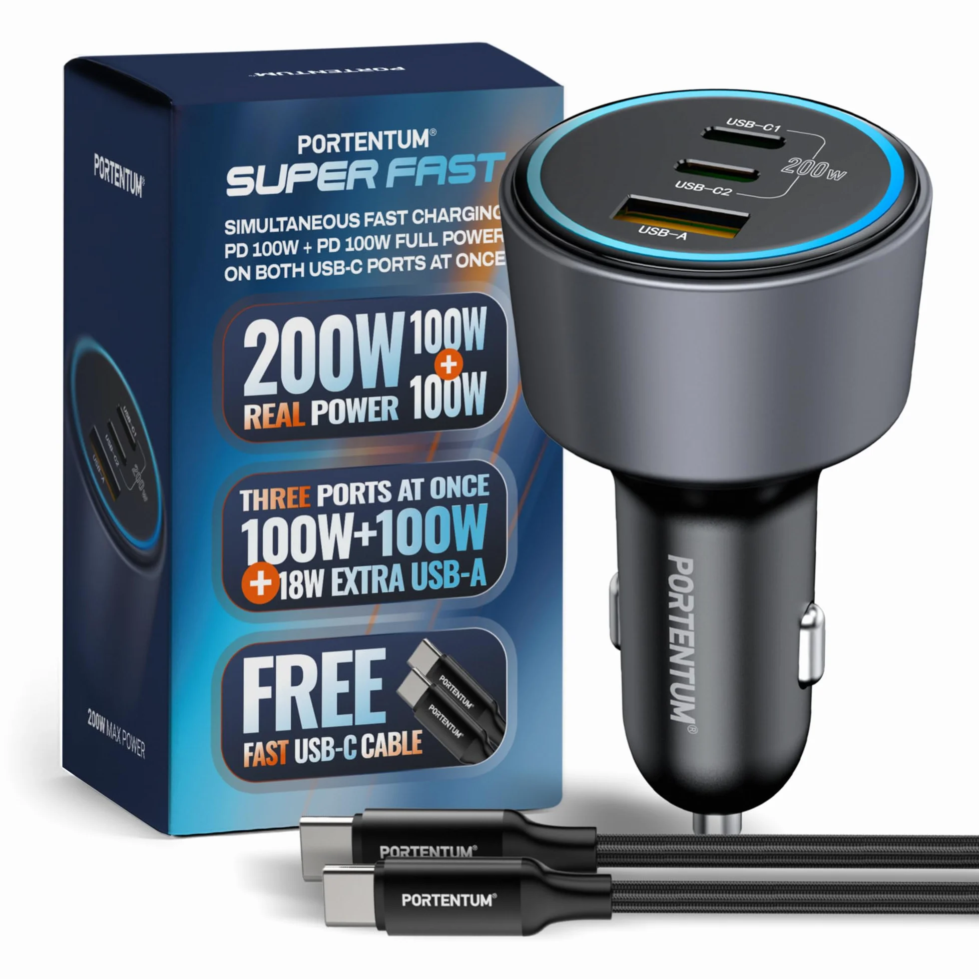 PORTENTUM Adapter ładowarki samochodowej 200 W – darmowy kabel USB-C – potrójny i symulacyjny – 2 x USBC PD 100 W + USBA QC 18 W – ładowanie USB do zapalniczki samochodowej do iPhone'a, iPada