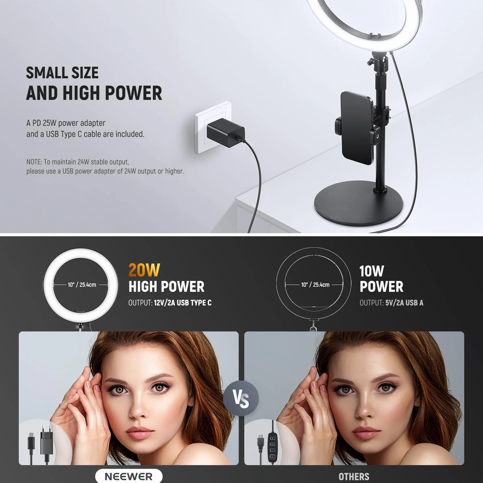NEEWER Lampa pierścieniowa LED 10" 20 W ze stojakiem na biurko, uchwyt na telefon, kompatybilna z laptopem iPhone, dwukolorowa, 2900 K – 7000 K, wejście USB C PD, CRI97+ 1660LX/0,5 m, do selfie Make