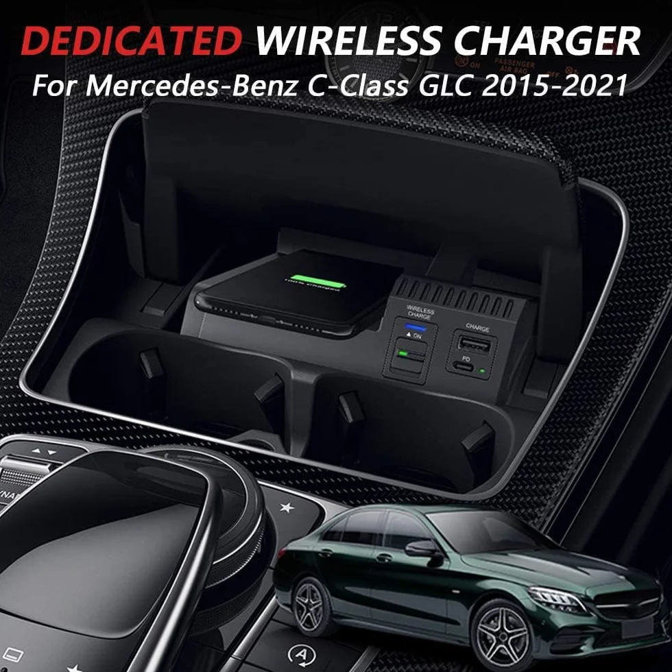 Bezprzewodowa ładowarka samochodowa do Mercedes-Benz klasy C GLC AMG 2015-2021, panel akcesoriów, szybkie ładowanie telefonu 15 W, z USB i 18 W PD do iPhone'a 12/11/X