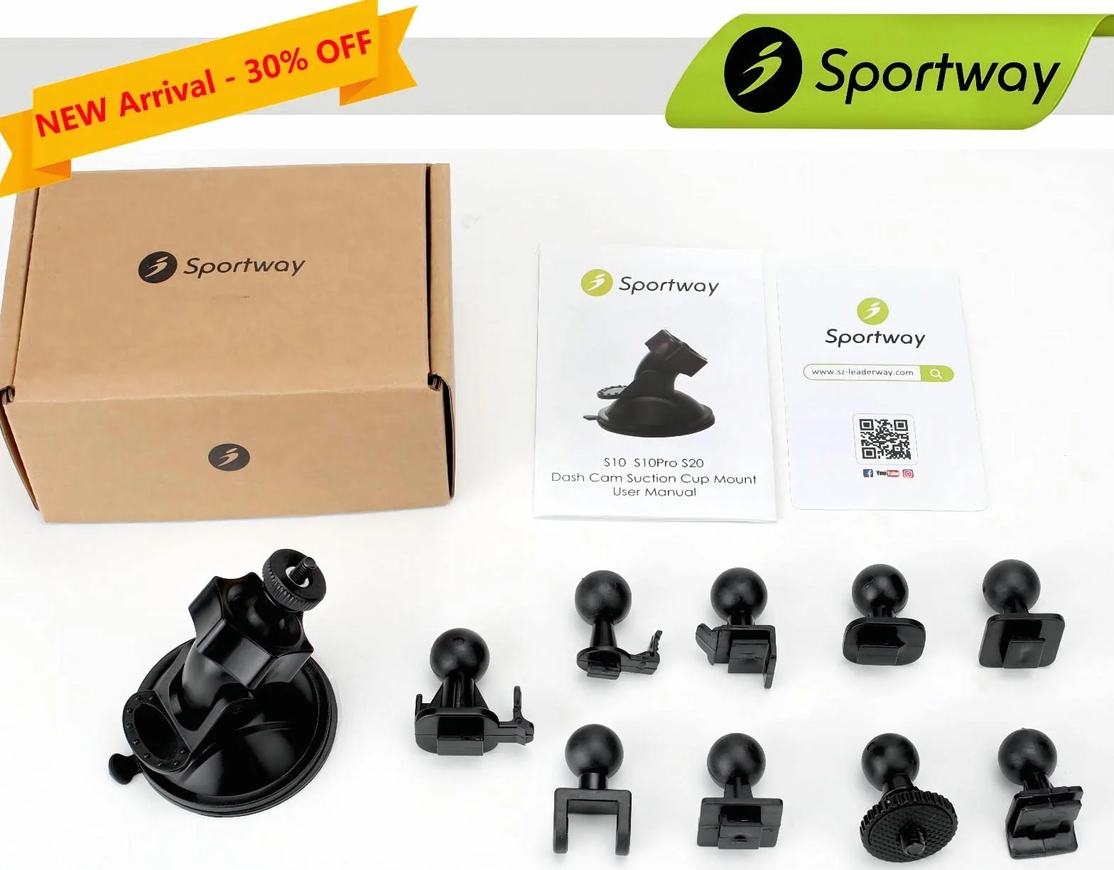 Sportway Uchwyt na kamerę Dash Cam, S10 Pro, przyssawka, 10+ przegubów, do kamer Rove Apeman Chortau Roav Nexar iiwey Rexing Z-Edge Old Shark YI 98% Auto Dash Cameras