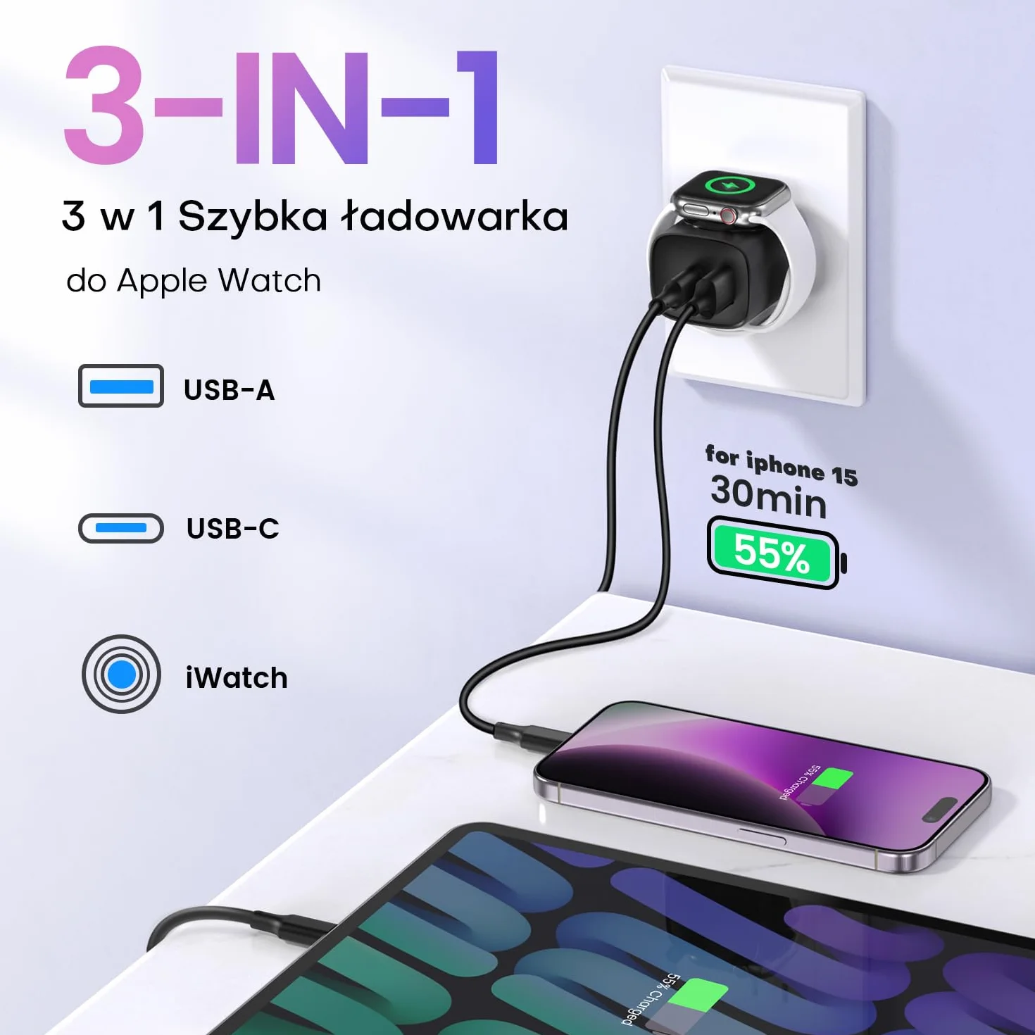 Ładowarka do Apple Watch, ładowarka USB C 3 w 1 20 W doiPhone'a PD 3.0, szybka ładowarka do Apple Watch 9/8/7/6/Ultra/SE, kabel ładujący USB C doiPhone'a 15/15 Pro Max, doiPada, Czarny