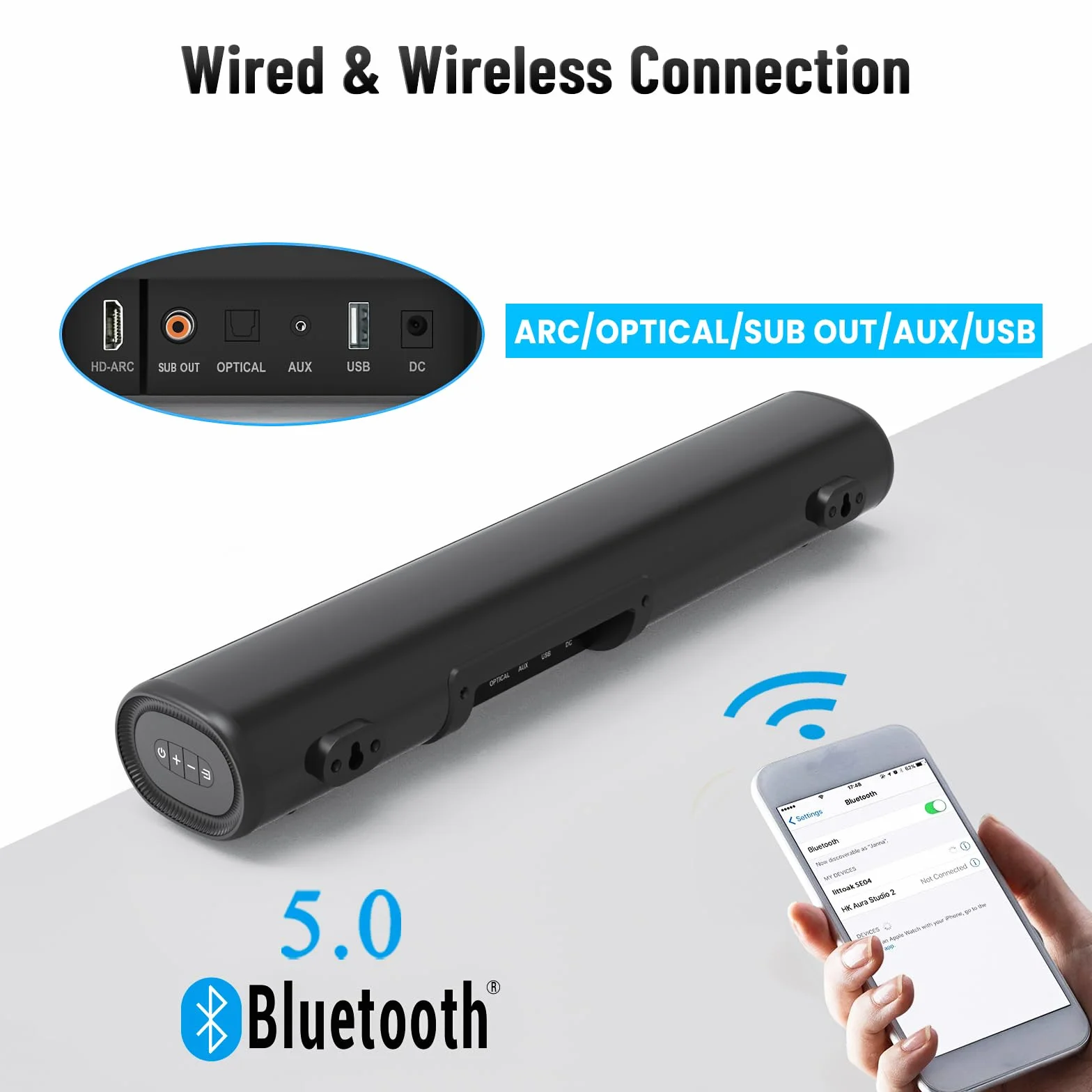 LITTOAK Listwa dźwiękowa do telewizora, BT 5.0, soundbar, 50 W, 40 cm, do domowego audio, gier, projektorów, głośników telewizyjnych, obsługuje złącze HDMI ARC/Optical/RCA/USB/AUX, do montażu na