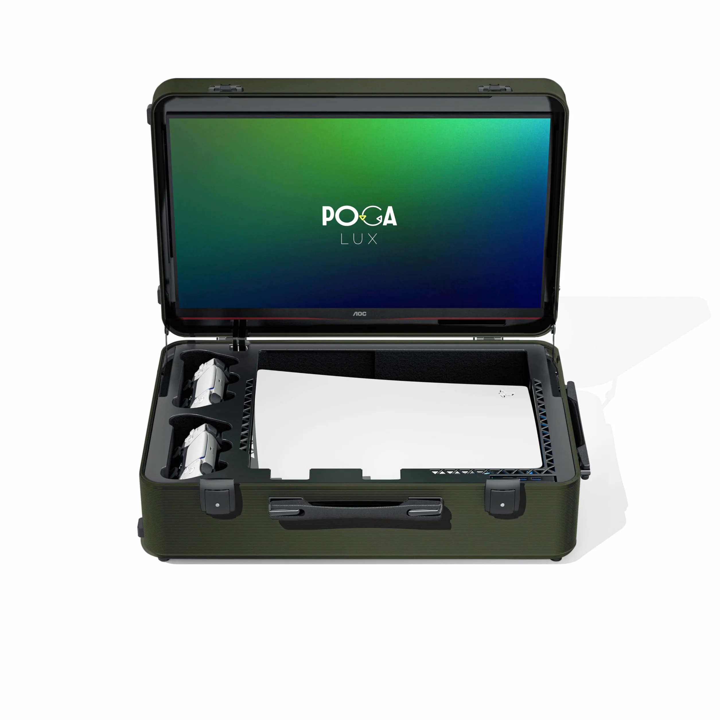 POGA LUX walizka gamingowa (kompatybilna z Playstation 5), walizka podróżna z wózkiem na kółkach i monitorem gamingowym AOC 24" – Camuo flage (V2 – głośnik Bluetooth opcjonalny), kamuflaż
