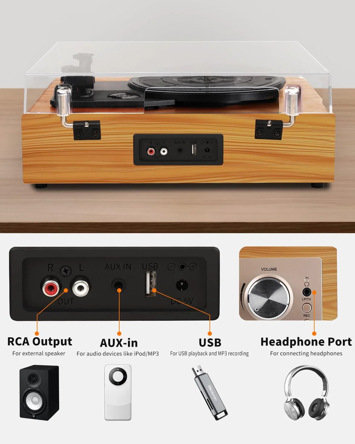 VIFLYKOO Gramofon, Bluetooth 5.4 z 2 Głośnikami Stereo, Bezprzewodowy 3-Biegowy 33/45/78 obr./min, Odtwarzacz Winylowy Obsługuje Wejście Słuchawkowe/Wejście AUX/Wyjście RCA/USB