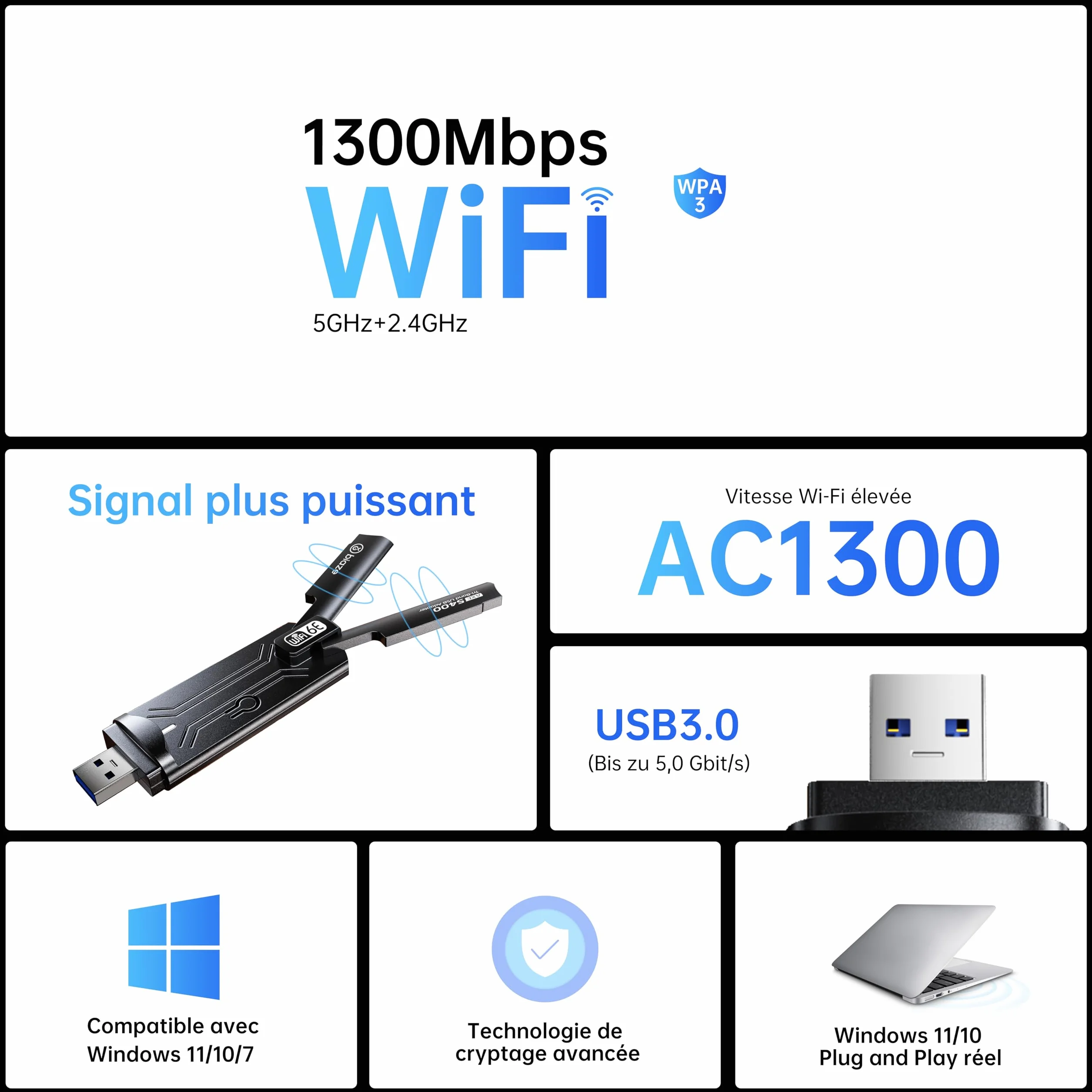 Bezprzewodowy adapter WiFi 6E 5400 Mbit/s USB 3.0 – dwupasmowy adapter do gier WiFi do komputera i laptopa, karta sieciowa Plug-and-Play-WiFi 6E z zewnętrzną anteną (WiFi6E 5400 Mbit/s)