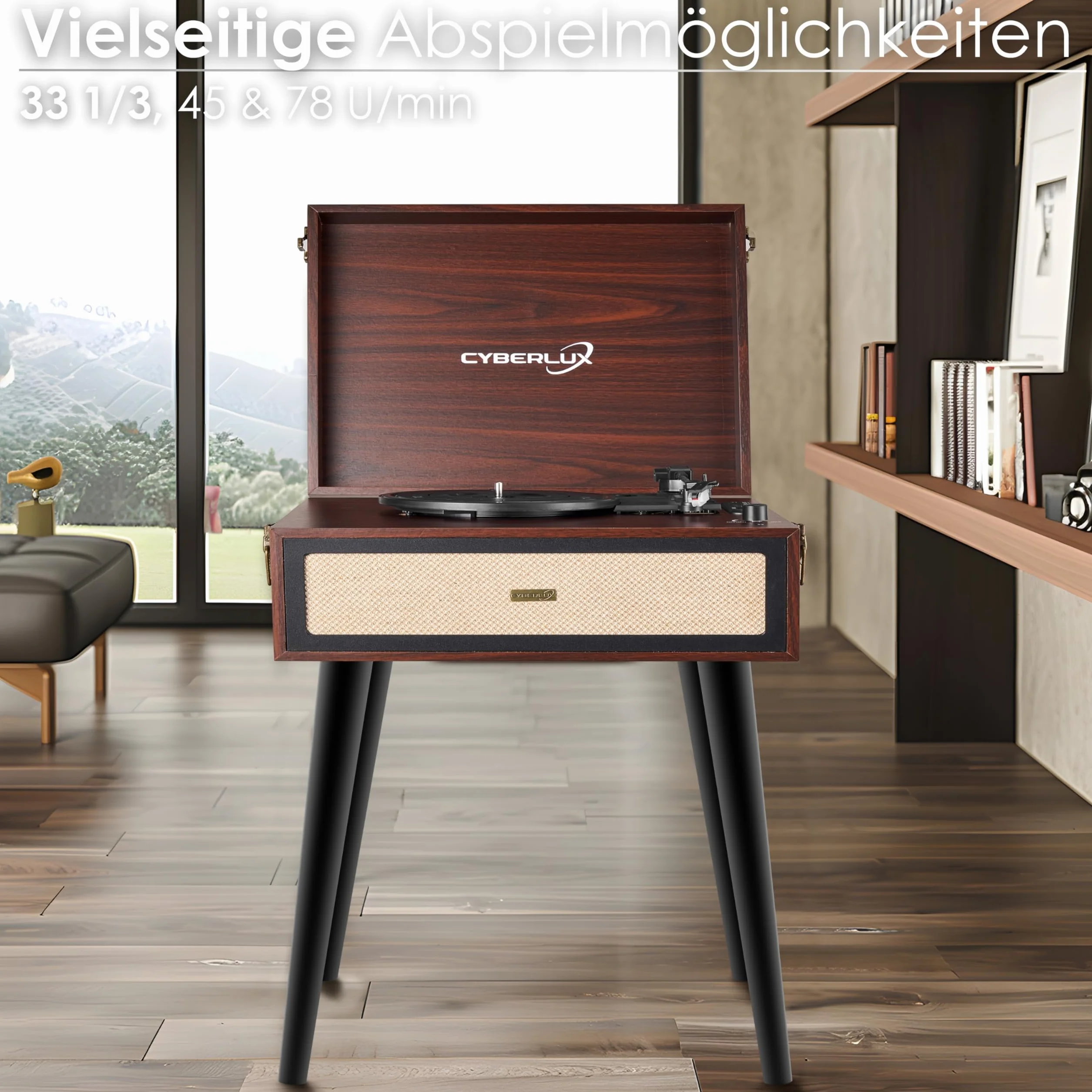 Retro Gramofon ze Stojakiem i Nóżkami - Głośnik Full Range Bluetooth, Radio FM, USB, Wyjście AUX IN, Micro SD - Winylowy Nostalgiczny Odtwarzacz
