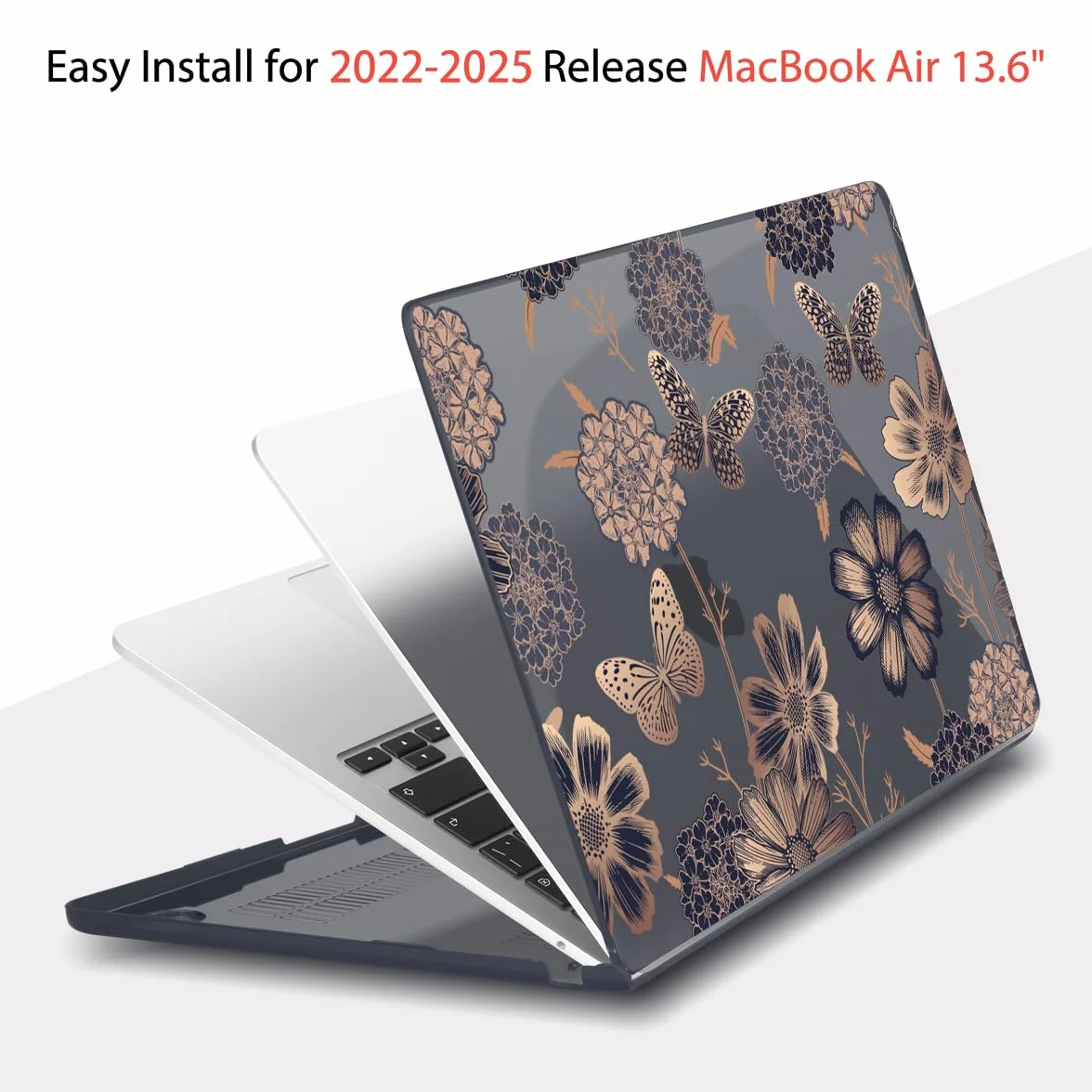 Teryeefi Etui do MacBook Air M2 M3 M4 13,6 2022 2023 2024 2025 A2681 A3113 A3240, przezroczysta twarda obudowa z osłoną klawiatury i adapterem USB 3.0 i osłoną ekranu, złoty kwiatowy motyl