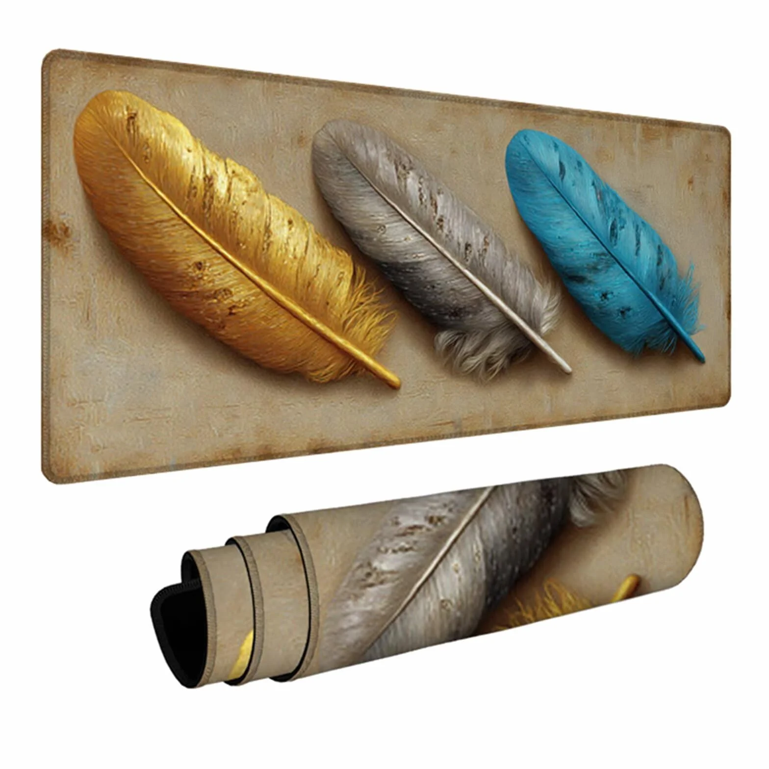 Podkładka gamingowa z piórem, 1200 x 600 x 3 mm, niebieska, podkładka na biurko, duża podkładka pod mysz z antypoślizgową gumową podstawą, podkładka pod mysz XXL z przyszytymi krawędziami, akcesoria
