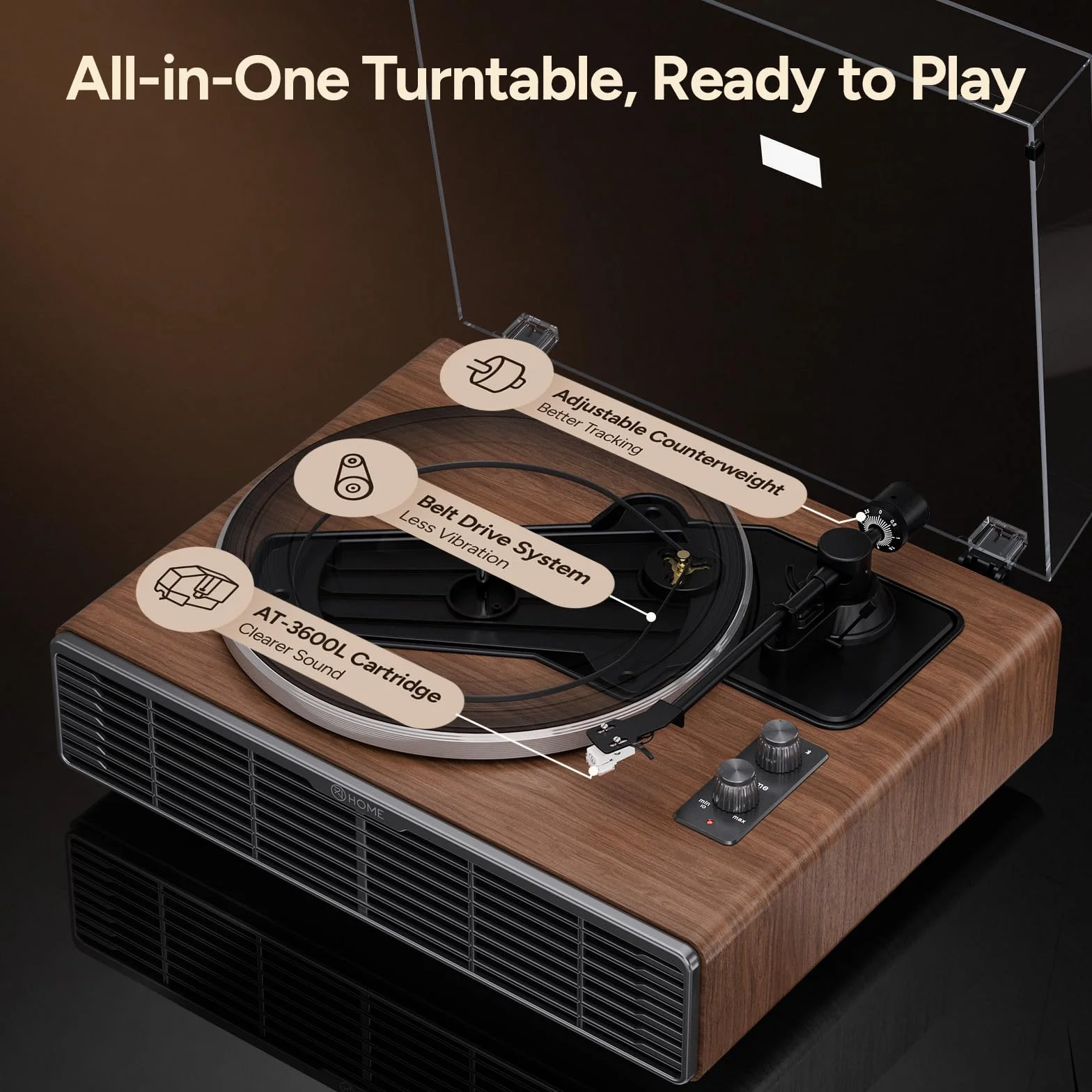 Gramofon Bluetooth HiFi z głośnikami z 4 głośniki stereo, wbudowanym przedwzmacniaczem fono, 33/45 obr./min, magnetycznym AT-3600L, napęd pasowy Vinyl Record Player