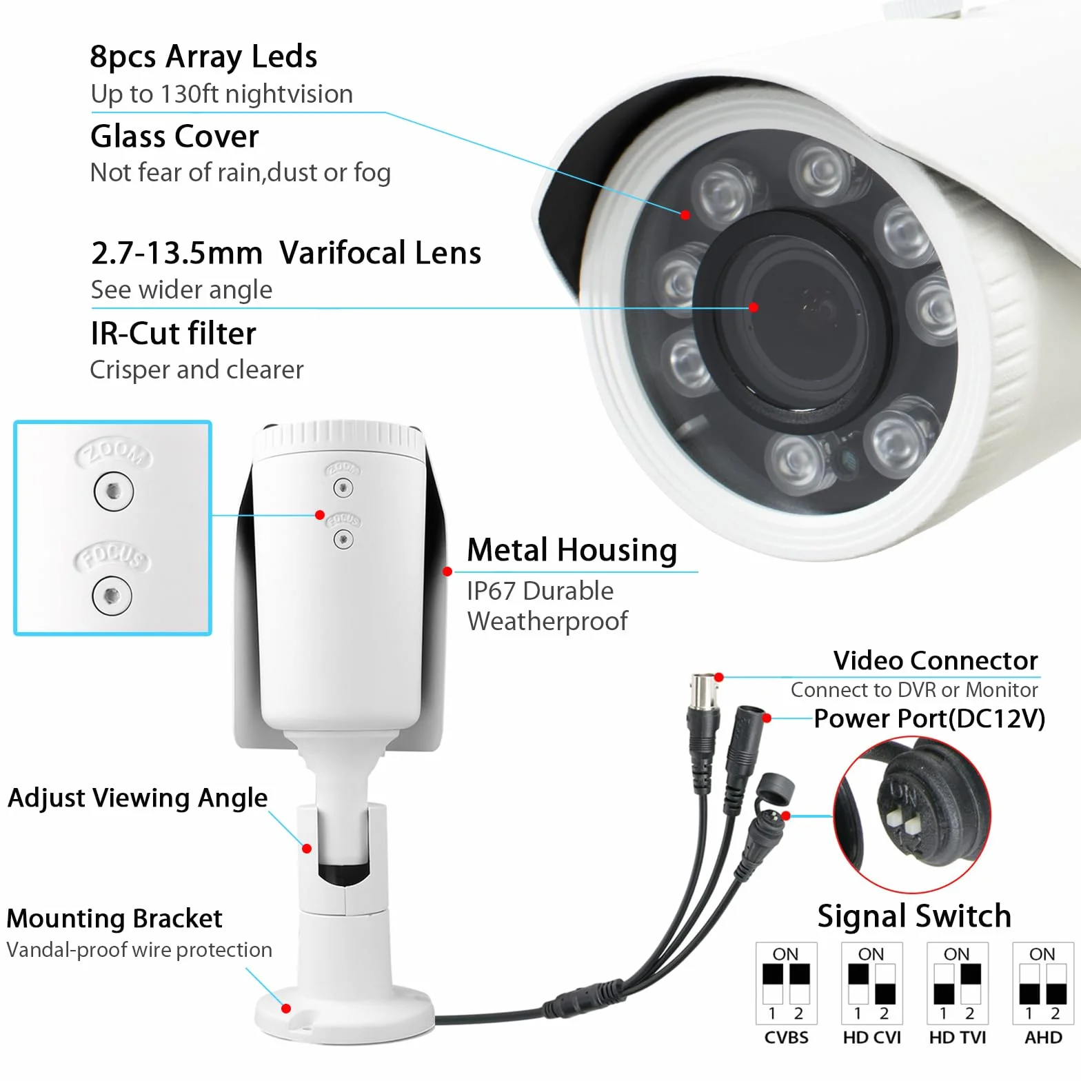 Kamera bezpieczeństwa Bullet 5MP HD 4-w-1 TVI/CVI/AHD/CVBS analogowa kamera CCTV 2,7-13,5 mm obiektyw zmiennoogniskowy wodoodporna noktowizor na podczerwień do wewnątrz/na zewnątrz domowy