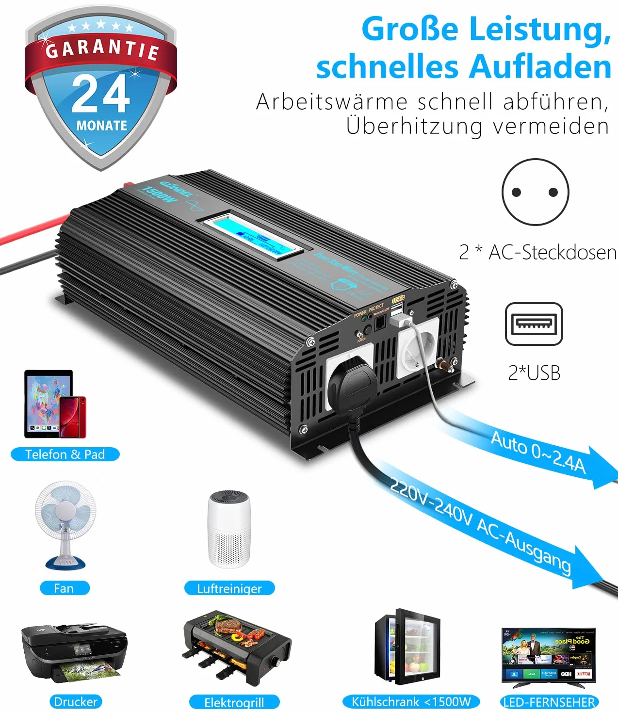 GIANDEL Falownik 1500 W, 12 V na 230 V, czysta sinusoidalna przetwornica napięcia z magnetycznym pierścieniem z ekranem LCD, pilot zdalnego sterowania, kabel do akumulatora z czystej miedzi, do domu