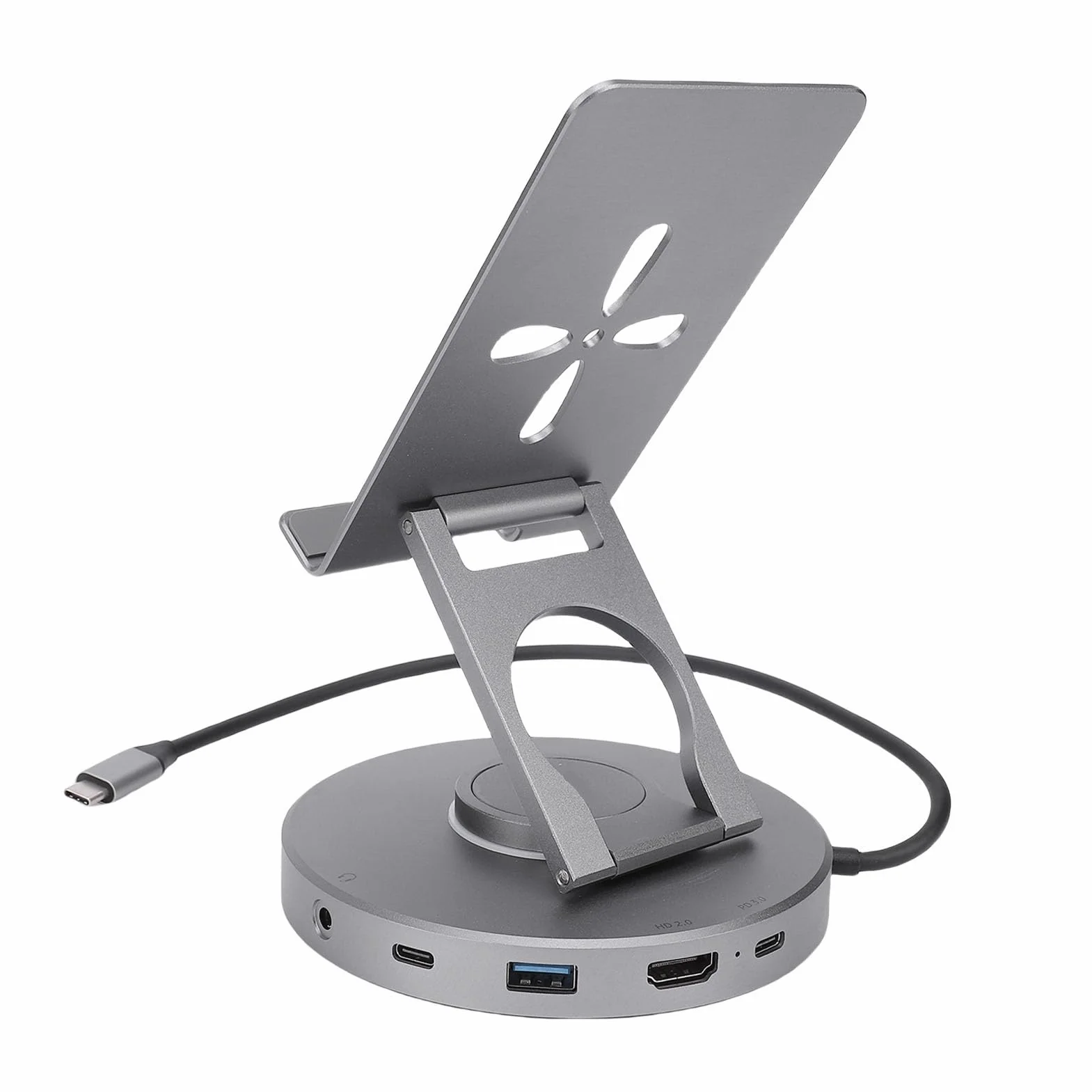 Cocoarm Stojak na stację dokująCą do Tabletu, Regulowany Uchwyt na Tablet ze Stopu Aluminium z Koncentratorem USB C, Obrotowa Stacja Dokująca 10 W 1 360 4K 60 Hz PD 100 W do Konsoli Gier Laptopie