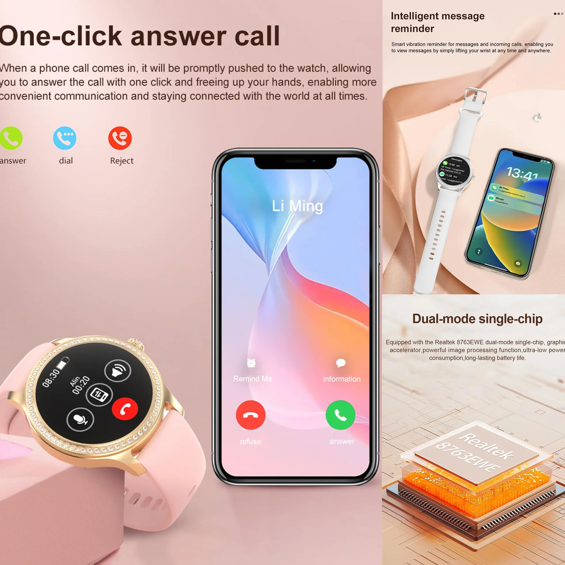 Smartwatch Inteligentny Zegarek Pani z Połączeniami, 1,28" Wodoodporny Smart Watch Sportowy Krokometr Pulsometr Ciśnienie Krwi Bransoletka Aktywność Cyfrowy Zegarek dla IOS Android (srebrny)