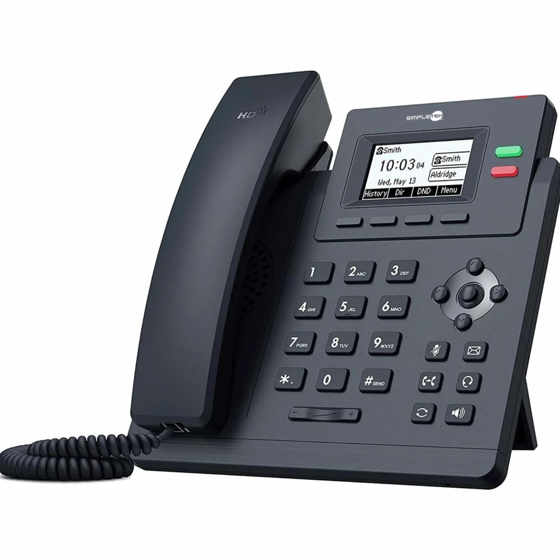 SIMPLETEK - Telefon IP VoIP, 2 konta SIP, podświetlany wyświetlacz, dźwięk HD, obsługa EHS i PoE, przełącznik Ethernet 2-portowy 10/100