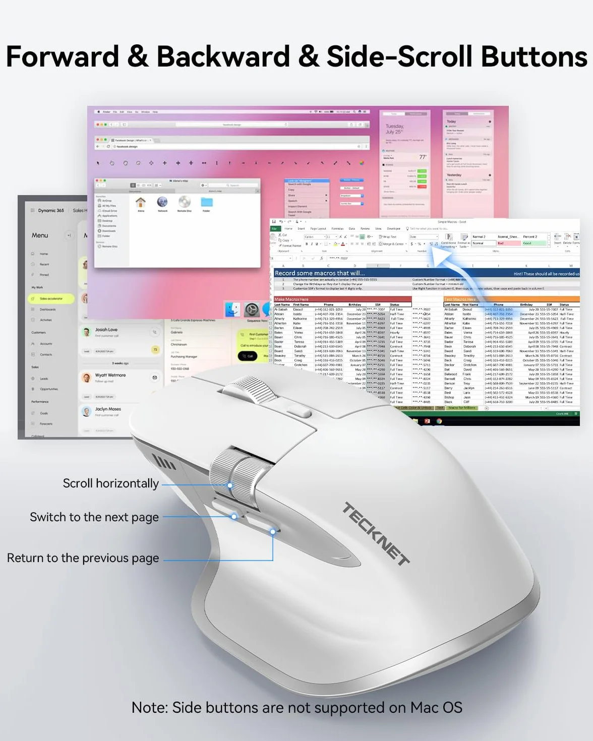 TECKNET Bezprzewodowa Mysz Bluetooth (BT 5.3/5.0+2,4G), Boczne Kółko Przewijania, Ładowalna Mysz Ergonomiczna, Ciche Klikanie, 4800 DPI, 7 Przycisków, dla Mac OS, Windows, Biały | 3 tryby (BT 5.3/5.0+2.4G), cichy, 6 regulowanych poziomów DPI, kompatybilny