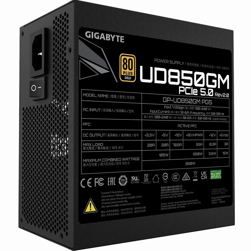 GIGABYTE UD850GM PG5 V2 zasilacz - PCIe Gen 5.0, 80 PLUS Gold, w pełni modułowa konstrukcja, wentylator 120 mm, kompatybilny z ATX 3.0, wtyczka EU