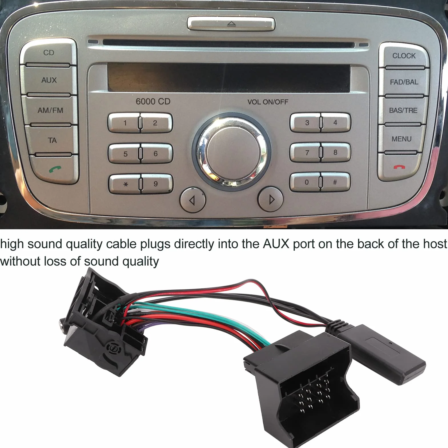 Adapter Samochodowy Bluetooth, Bezprzewodowy Adapter Audio Bluetooth 5.0 Kabel aux in z Mikrofonem Wymiana dla Focus Mondeo Fusion 6000CD