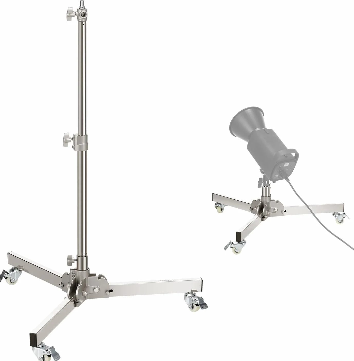 NEEWER Stojak oświetleniowy ze stali nierdzewnej, regulowany, maks. wysokość 98 cm, składany, z kółkami, kompatybilny z softboxami i lampami LED, srebrny