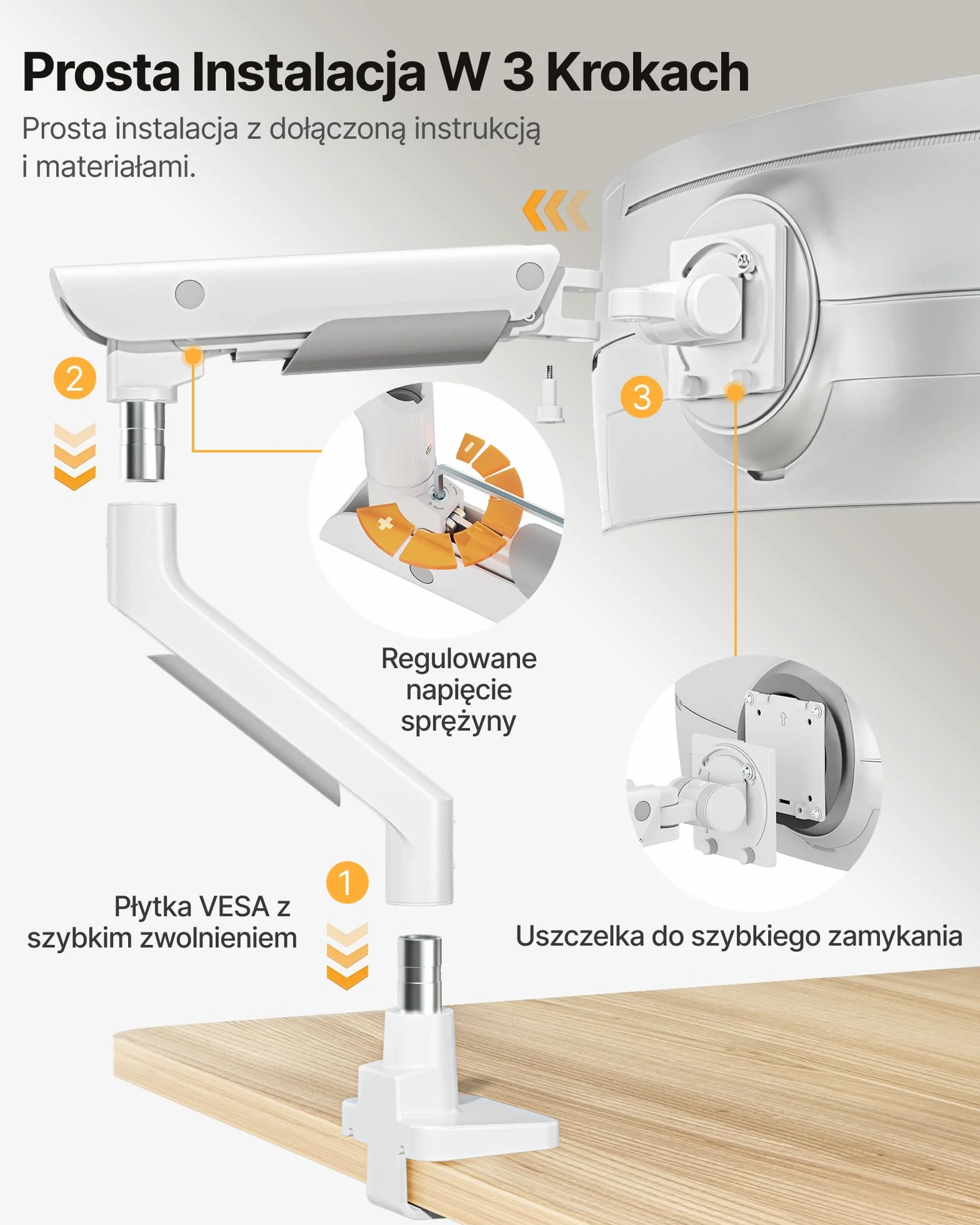 monTEK Wytrzymałe ramię do monitorów ultrapanoramicznych 17–57” do 27 kg | Aluminiowy uchwyt na jeden monitor z opcjami montażu na zacisk C lub przez otwór w blacie, VESA 75 mm/ 100 mm, Biały