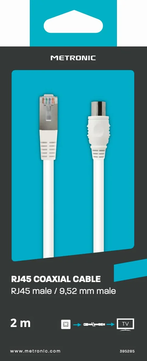 Metronic RJ45/TV koncentryczny 9,52 mm męski na męski 2 m - 395285, kompatybilny z telewizorem, CAT 6A męski/męski prosty
