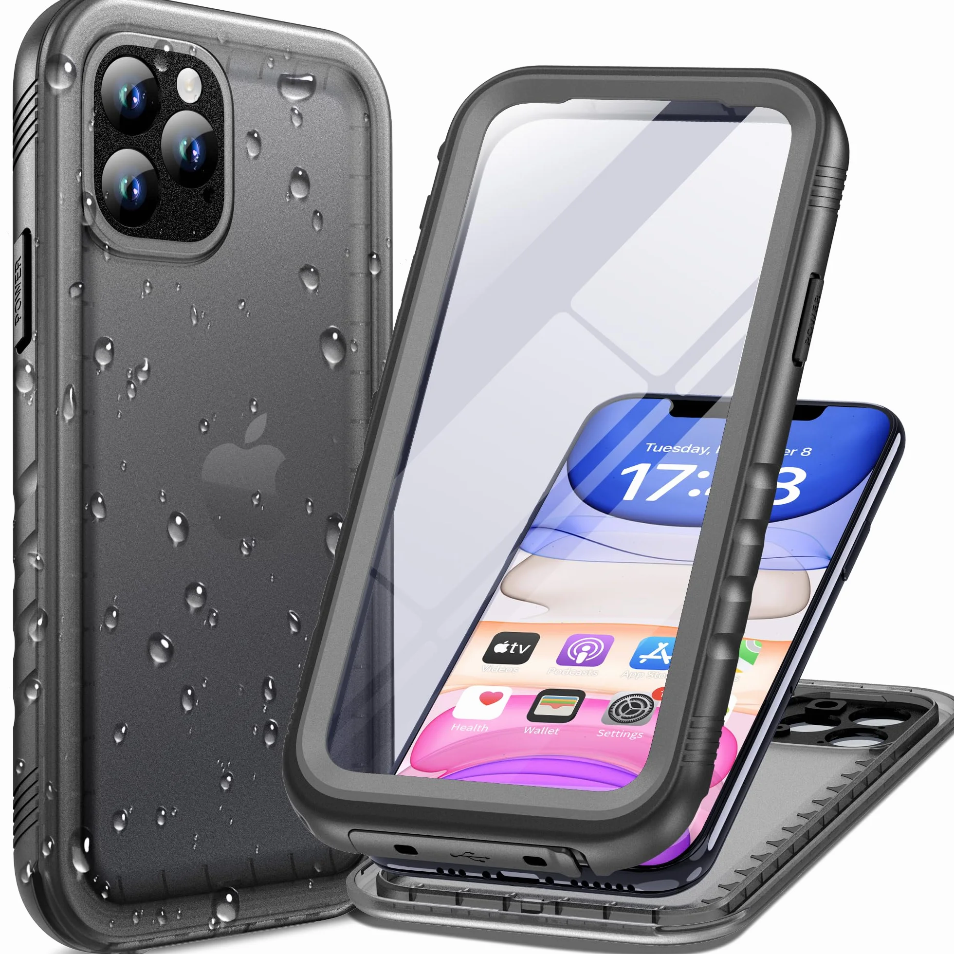 Cozycase Wojskowe Pancerne Etui do iPhone 11 Pro Wodoszczelne IP68 360 Case Z Pełna Ochroną Ekranu i Aparatu Smycz Obudowa Full Dwustronne 11Pro Waterproof Cover Czarny