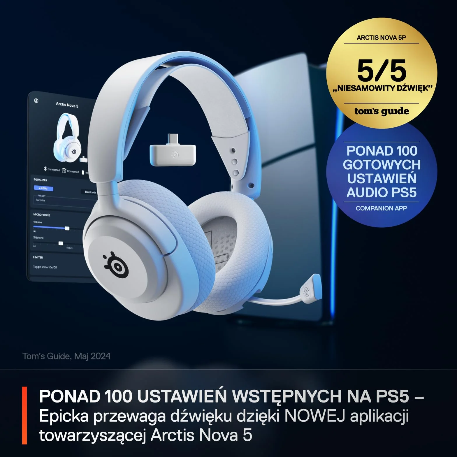SteelSeries Arctis Nova 5P - Słuchawki wi-fi do gier - Neodymowe przetworniki magnetyczne - Ponad 100 ustawień wstępnych dźwięku - 60 godz baterii - 2,4 GHz lub BT - Mik. Gen2.X – PS5, PS4, PC,mobile