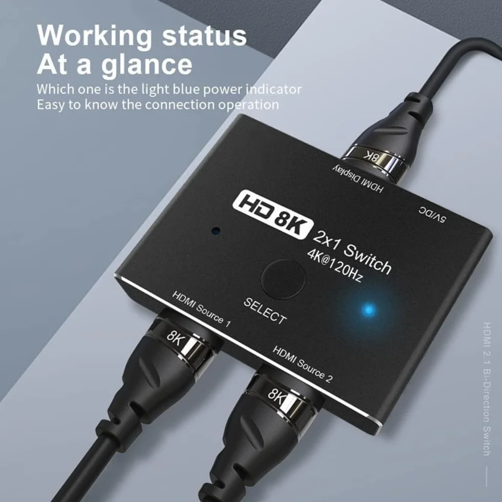 HDMI Ultra HD 8K HDMI 2.1 High Speed 48 Gb/s, przełącznik kierunkowy, tylko 2 cale, 1 wyjście 8K przy 60 Hz 4K przy 120 Hz, konwerter kompatybilny z projektorami Xbox PS5, monitorami