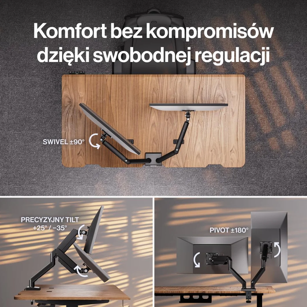 ENDORFY Atlas GS Double, Podwójne Gazowe Ramię do 2 Monitorów 13-32", Udźwig 2x10 kg, Regulowany Uchwyt Biurkowy VESA 75x75/100x100, Funkcja Pivot 180°, System Zarządzania Kablami, Czarny