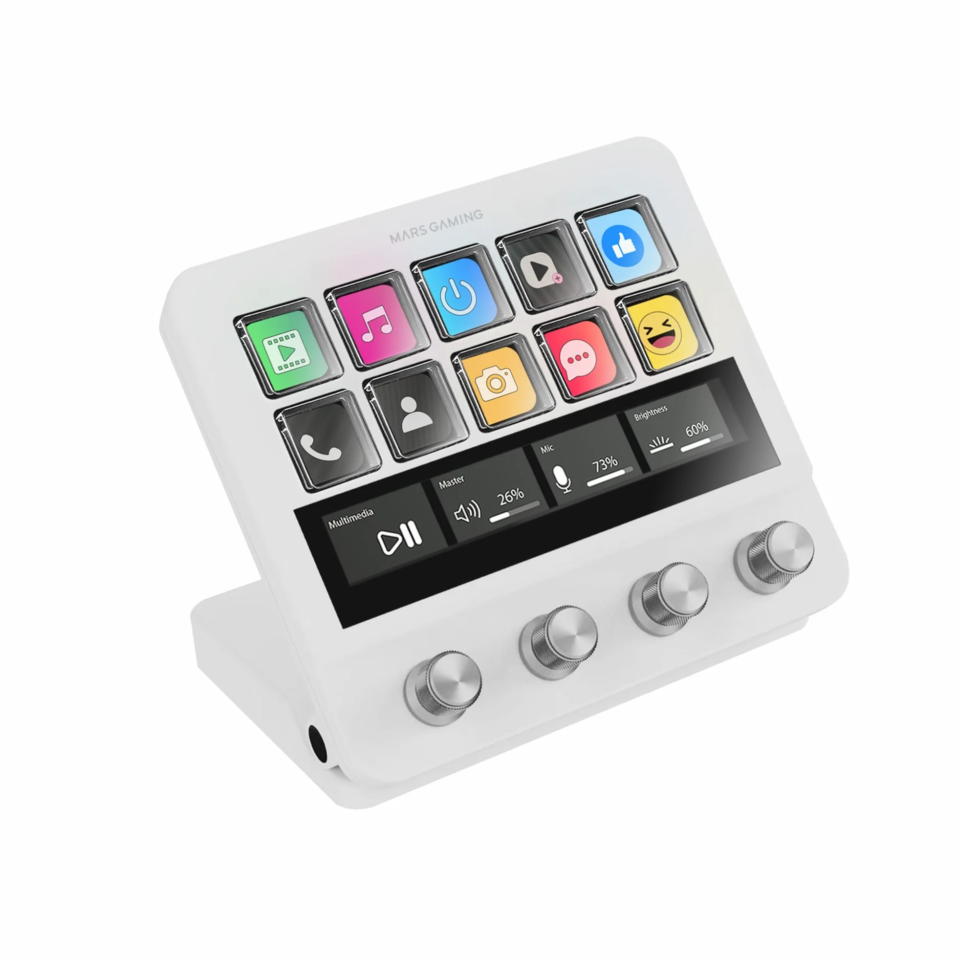 Mars Gaming MSD-PRO, Panel Sterujący, 10 Personalizowanych Klawiszy LCD i 4 Pokrętła, Rozszerzony Animowany Ekran Dotykowy, Regulowana Podstawka, Oprogramowanie Sterujące, 2x USB 3.0, USB-C, Biały