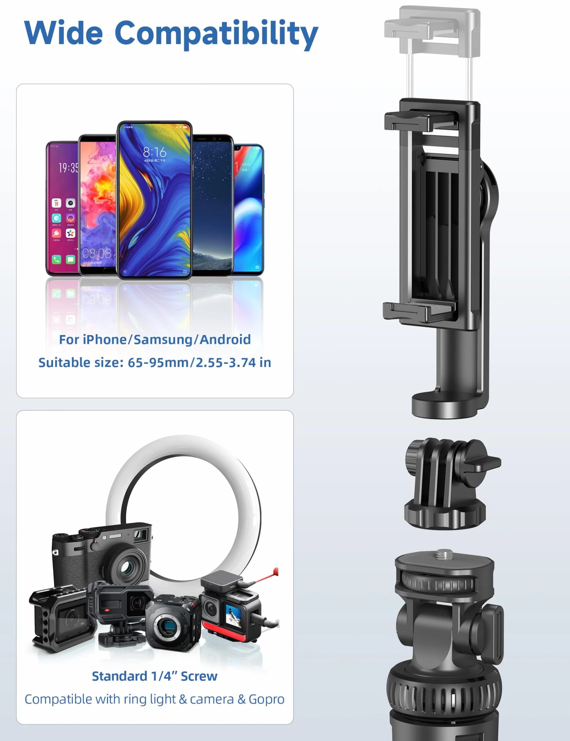 Statyw do telefonu komórkowego 190 cm, statyw selfie do smartfona, aluminiowe pręty, stabilny uchwyt statywowy do telefonu komórkowego z pilotem zdalnego zwalniania kompatybilny z iPhone'em/Galaxy
