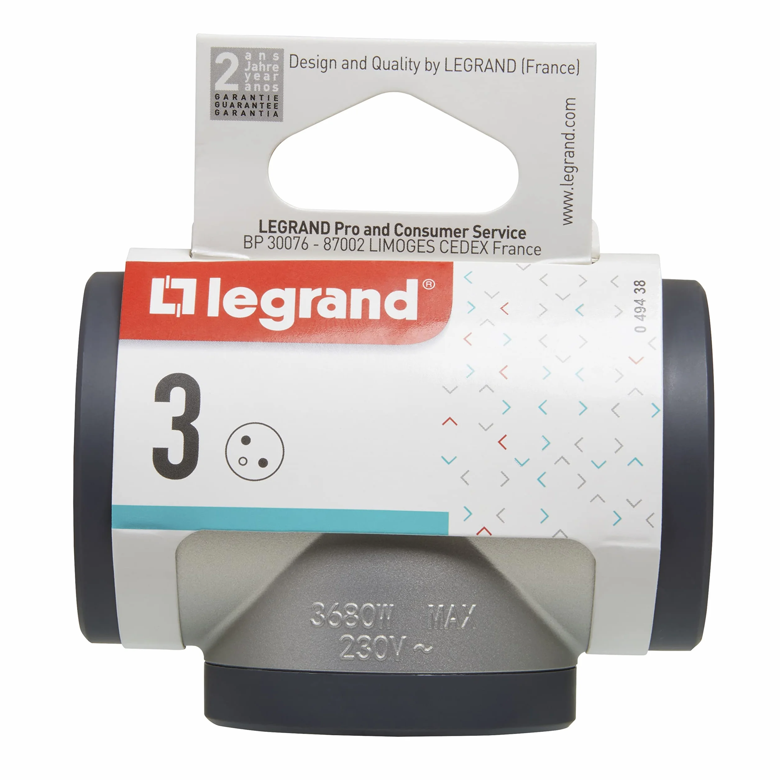 LEGRAND - Triplite wtyczka zasilająca - 3 boczne gniazda w kształcie litery T z uziemieniem - Wbudowane zabezpieczenie przed dziećmi - Alu i ciemnoszara