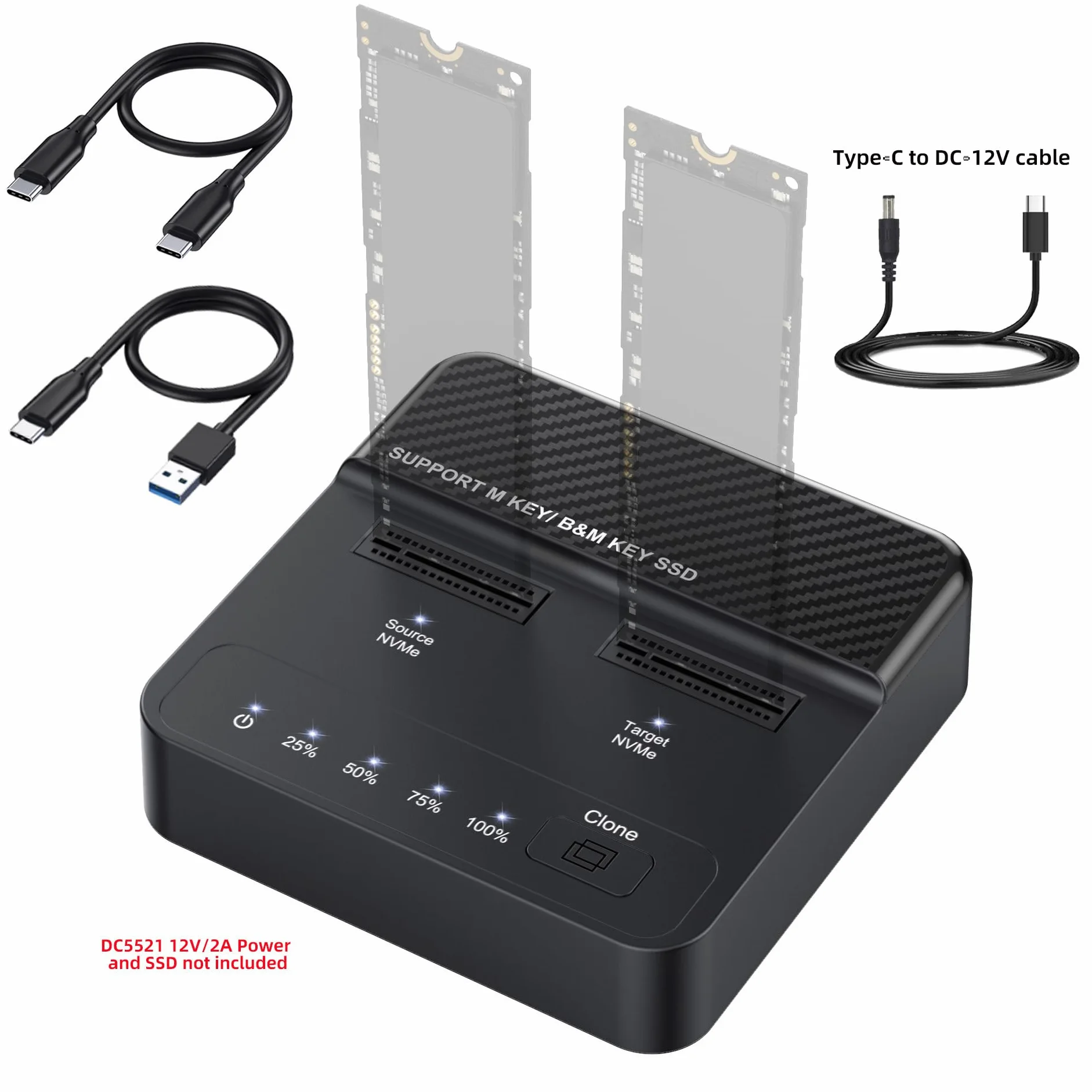 NVMe M.2 Double Bay Cloner, adapter M-Key na USB-C Type-C, offline Backup Box z klonowaniem jednym kliknięciem, szybki, pionowy powielacz 20 Gb/s