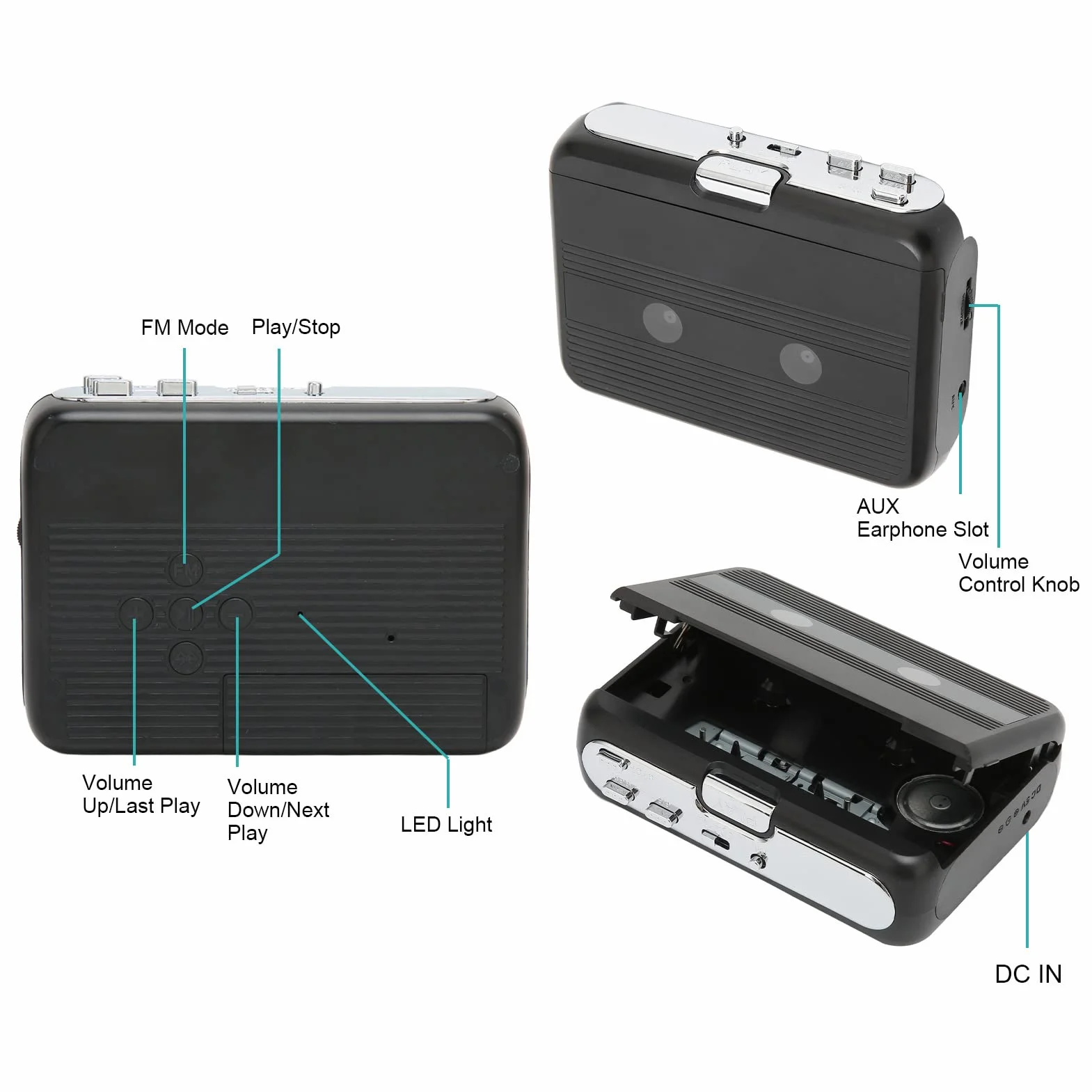 Odtwarzacz Kasetowy, Przenośny Odtwarzacz Kasetowy Bluetooth 5.0 z Funkcją Automatycznego Cofania Słuchawek Stereofoniczny Odtwarzacz Kasetowy z Funkcją Radia FM](Czarny)