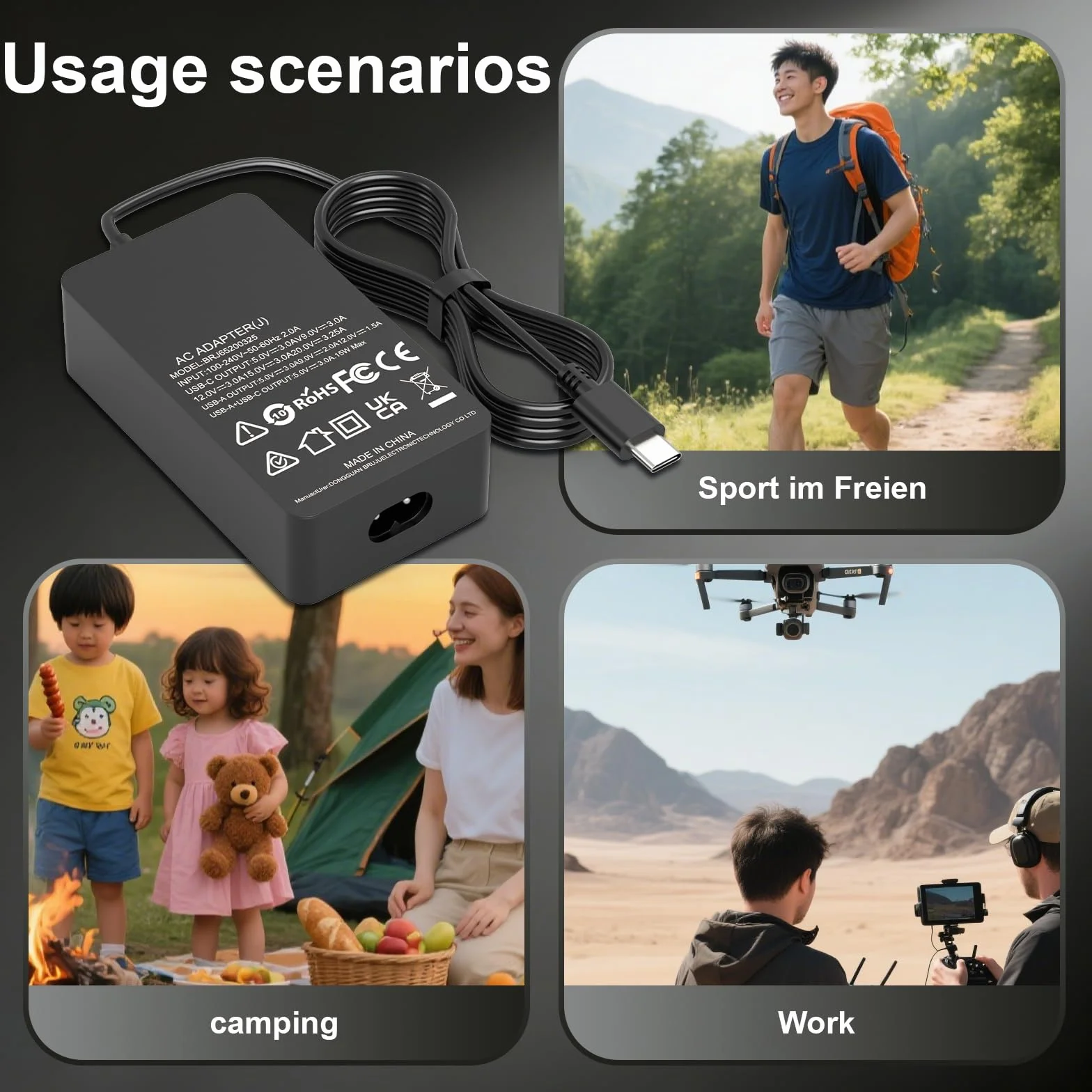 shefor Ładowarka do DJI, 65W USB C Ładowarka Zasilacz do DJI Avata Mini 2 SE, 4 Pro 3 Pro Air 3 2S Mavic 3 Klasyczne gogle filmowe 2 Stabilizatory dronów Kamery sportowe JBL Xtreme 3
