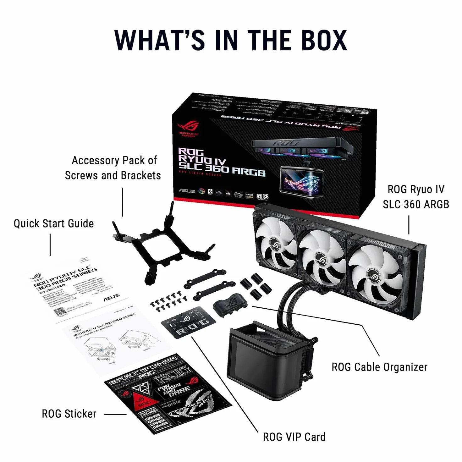 ASUS ROG Ryuo IV SLC 360 ARGB All-in-One CPU chłodzenie wodą (6,67-calowy wyświetlacz AMOLED, obsługuje filmy 3D, węże 200 mm, 3 x wentylator ARGB Daisy-Chain, do Intel LGA 1851, 1700, AMD AM5, AM4)